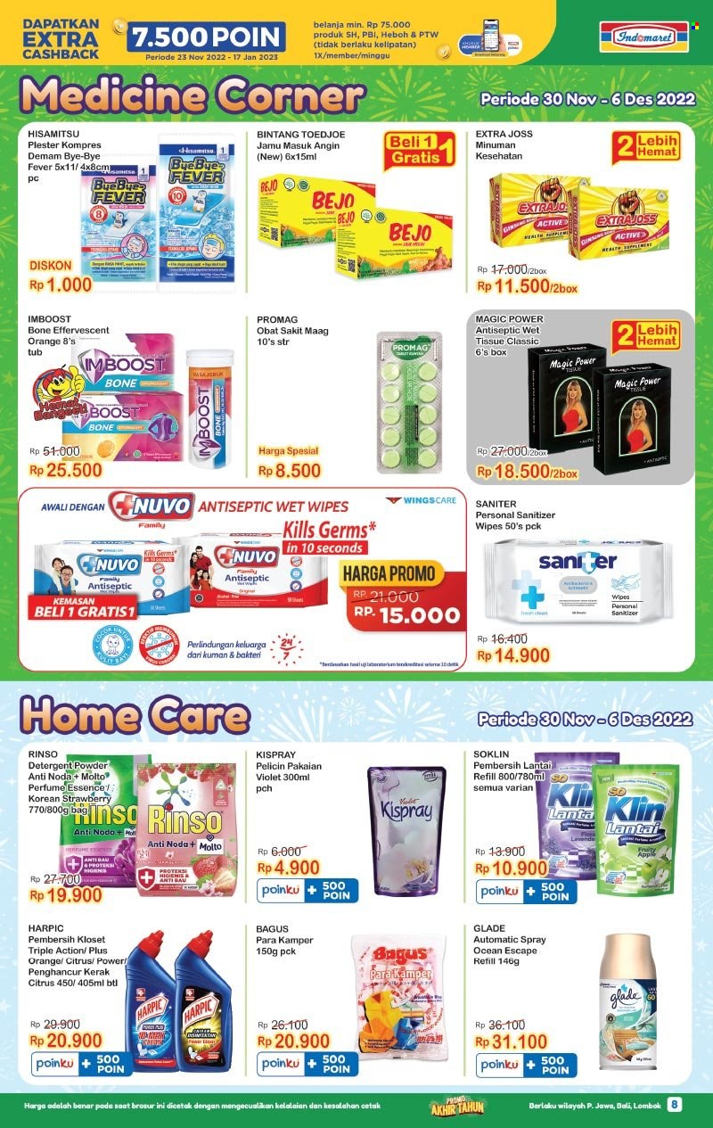 thumbnail - Promo Indomaret - 11/30/2022 - 12/06/2022 - Produk diskon - tissue, detergent powder, detergent, wipes, rinso, nuvo, harpic, cart, box, bag, bagus, apple. Halaman 9.