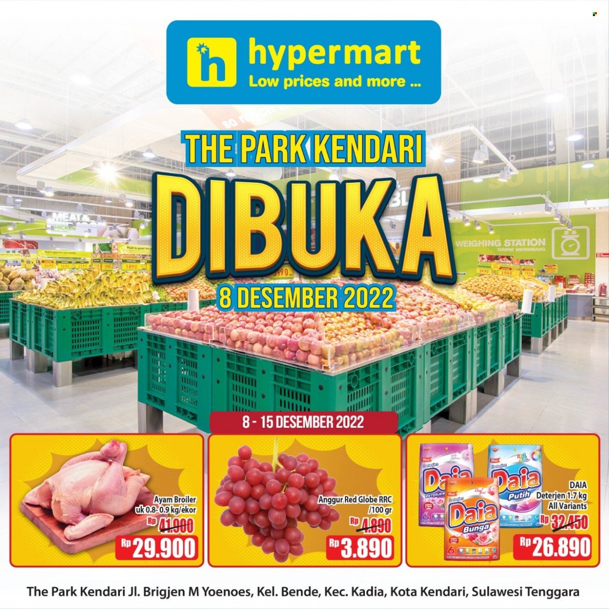 thumbnail - Promo Hypermart - 12/08/2022 - 12/15/2022 - Produk diskon - chicken, red globe grapes, daia, anggur, broiler, ayam. Halaman 1.