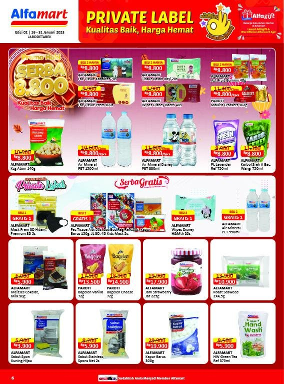 thumbnail - Promo Alfamart - 01/16/2023 - 01/31/2023 - Produk diskon - milk, tissue, fruit, wipes, stainless, prem, pet, mask, jar, kacang, kacang atom, disney, crackers. Halaman 6.
