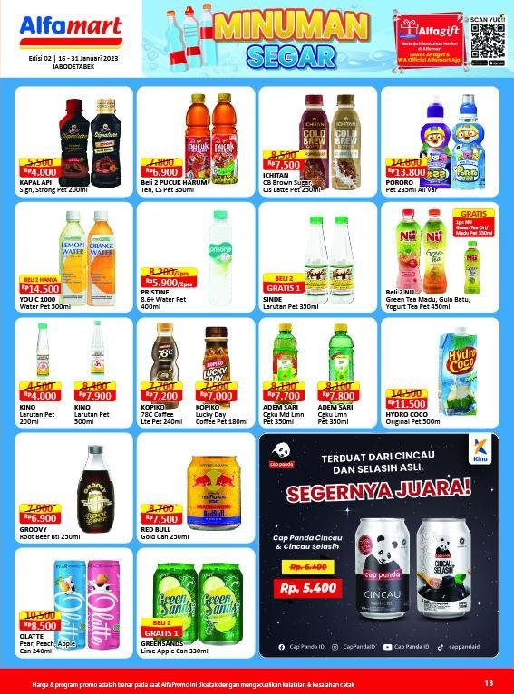 thumbnail - Promo Alfamart - 01/16/2023 - 01/31/2023 - Produk diskon - coffee, yogurt, tea, pet, lemon, lte, kapal, gula, gold, green sands, green tea, coco, cap, beer, apple, adem sari, alfa. Halaman 13.