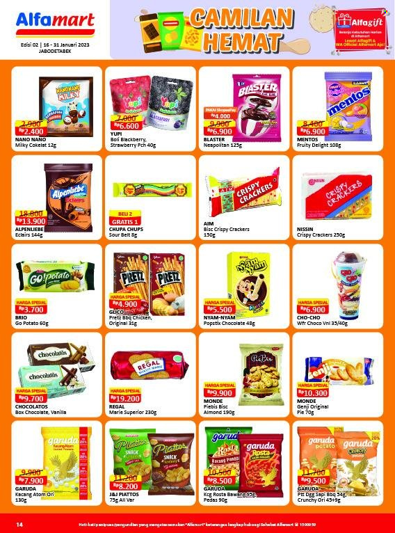thumbnail - Promo Alfamart - 01/16/2023 - 01/31/2023 - Produk diskon - chicken, pan, kacang, kacang atom, chocolate, garuda, crackers, belt, box, snack. Halaman 14.