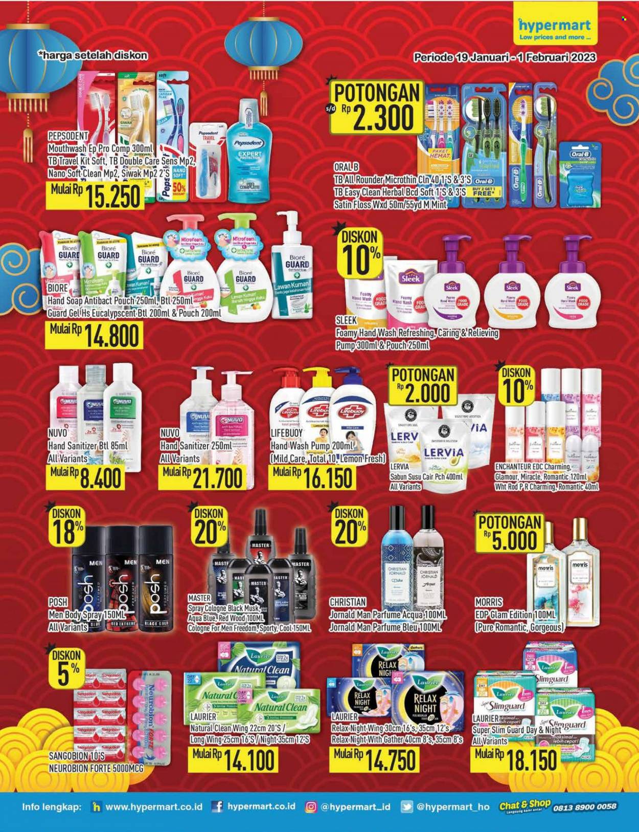 thumbnail - Promo Hypermart - 01/19/2023 - 02/01/2023 - Produk diskon - sun, sleek, soap, sabun, pepsodent, lemon, lifebuoy, nuvo, oral b, mint, laurier, glam, gold, eau de parfume, body spray, aqua, car, hand sanitizer. Halaman 7.