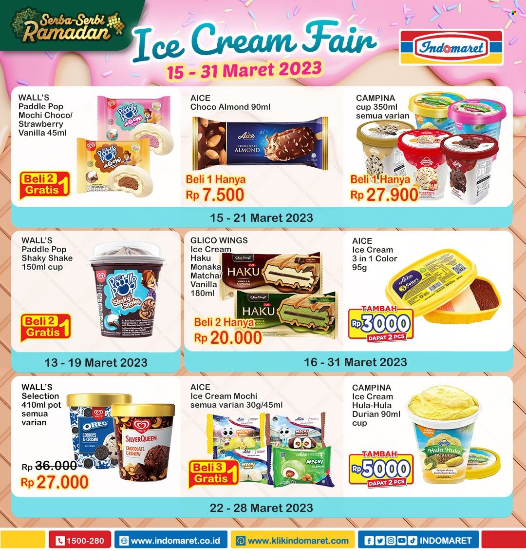 thumbnail - Promo Indomaret - 03/15/2023 - 03/31/2023 - Produk diskon - pot, matcha, oreo, ice cream, chocolate, cookies. Halaman 1.