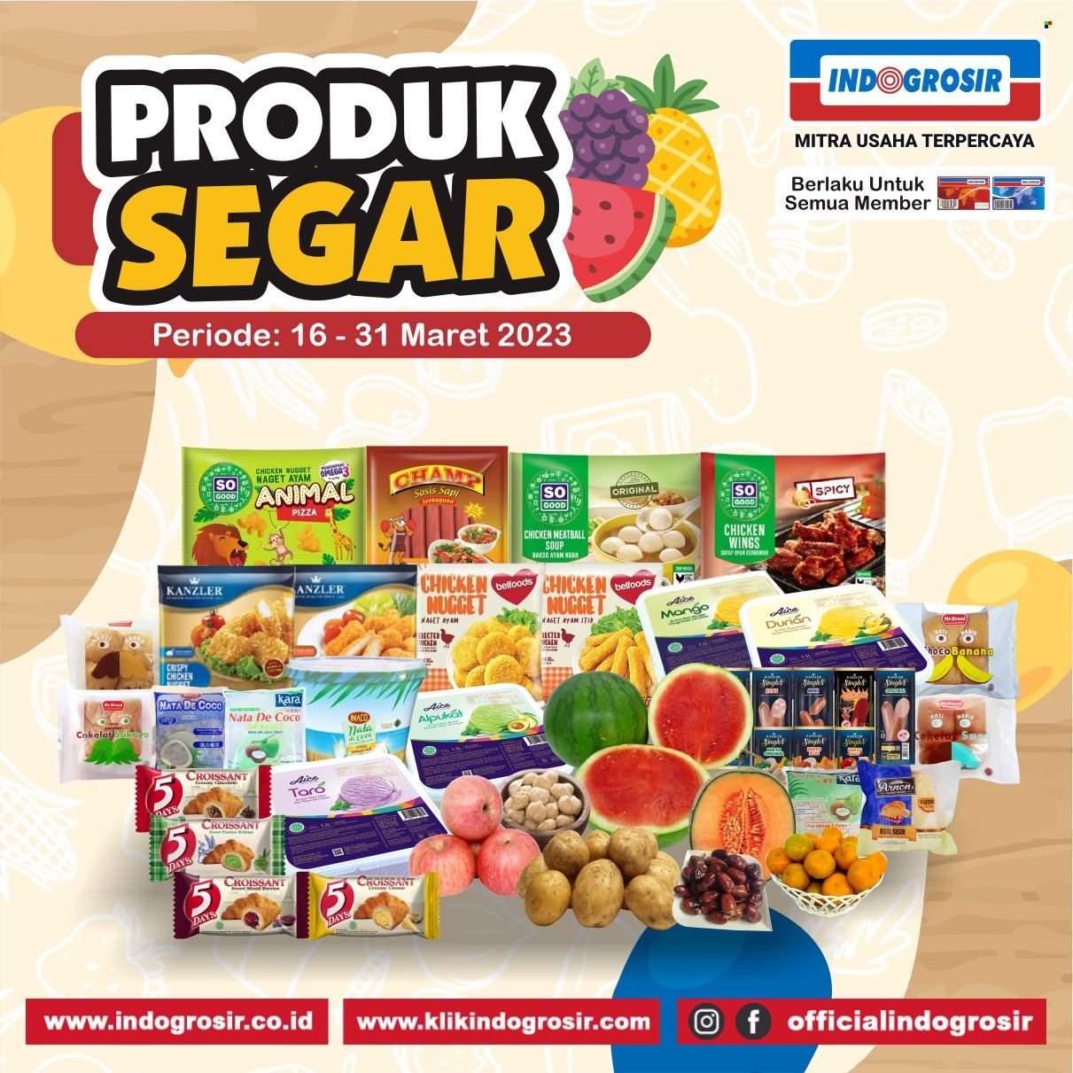 thumbnail - Promo Indogrosir - 03/16/2023 - 03/31/2023 - Produk diskon - chicken, pizza, mango, croissants, coco, alpukat, ayam. Halaman 1.