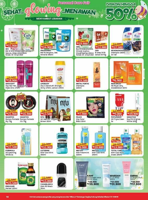 thumbnail - Promo Alfamart - 04/01/2023 - 04/15/2023 - Produk diskon - shampoo, pepsodent, lemon, lifebuoy, listerine, mint, melon, head, giv, aloe, sunscreen. Halaman 17.