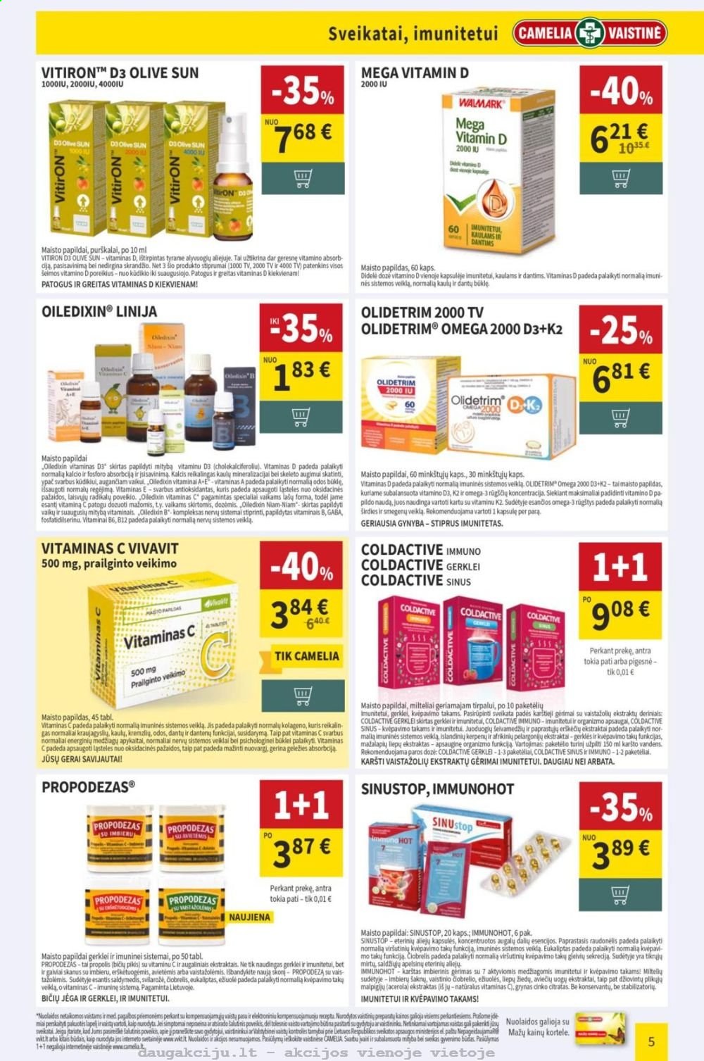 thumbnail - „CAMELIA Vaistinė“ leidinys - 2021 01 04 - 2021 01 31 - Išpardavimų produktai - B12, maisto papildai, Mega Vitamin D, omega 3, Propolis, Vitiron, Walmark. 5 puslapis.