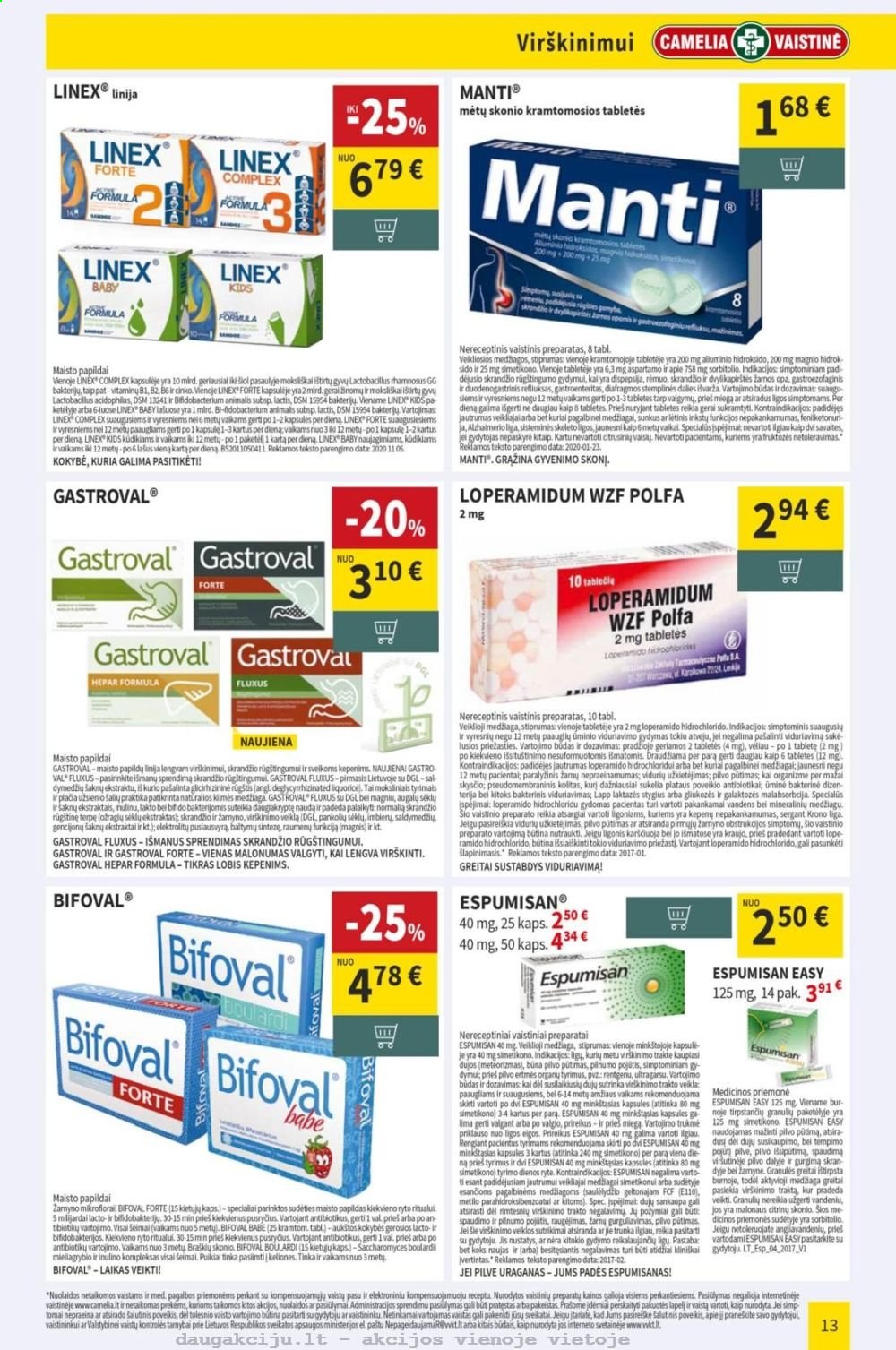 thumbnail - „CAMELIA Vaistinė“ leidinys - 2021 01 04 - 2021 01 31 - Išpardavimų produktai - Bifoval, Loperamidum WZF Polfa, Magnis, maisto papildai. 13 puslapis.