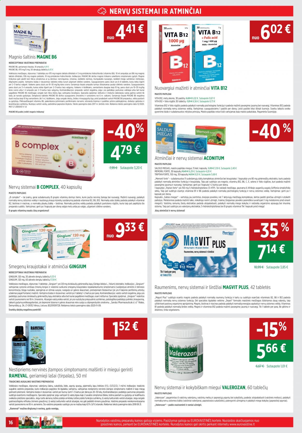 thumbnail - „EUROVAISTINĖ“ leidinys - 2021 01 05 - 2021 01 31 - Išpardavimų produktai - B12, Folic Acid, Magnis, Magvit, maisto papildai. 16 puslapis.