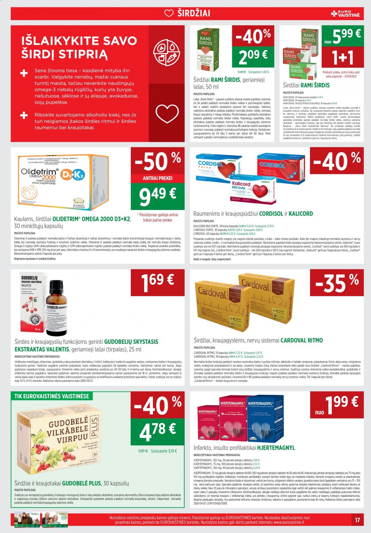 thumbnail - „EUROVAISTINĖ“ leidinys - 2021 01 05 - 2021 01 31 - Išpardavimų produktai - Cordisol, Gudobelé Plus, Magnis, maisto papildai, omega 3, Valentis. 17 puslapis.