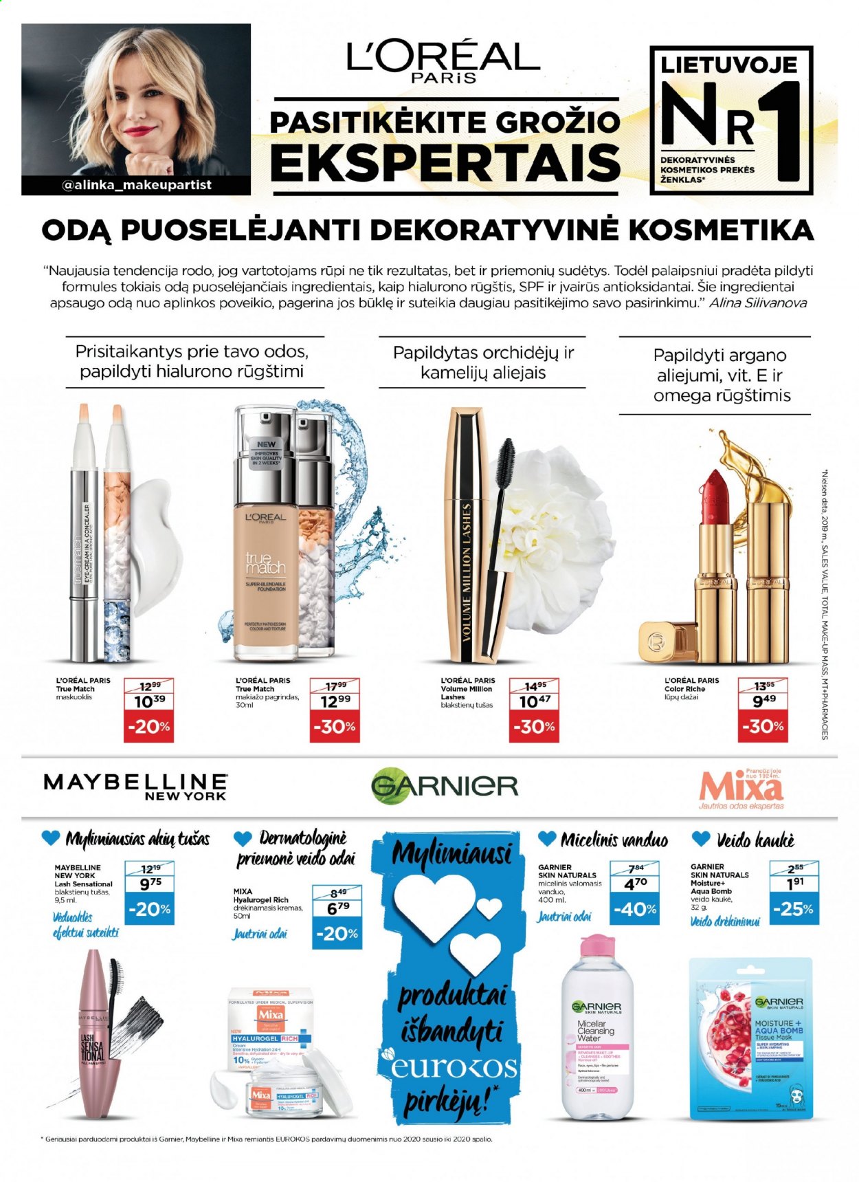 thumbnail - „Eurokos“ leidinys - 2021 01 05 - 2021 02 01 - Išpardavimų produktai - L'Oréal, Garnier, Micelinis, kremas, blakstienų tušas, lūpų dažai, makiažo pagrindas, maskuoklis, Maybelline. 15 puslapis.