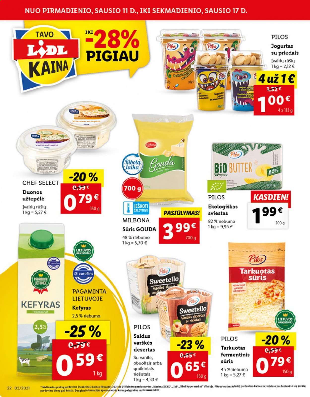 thumbnail - „Lidl“ leidinys - 2021 01 11 - 2021 01 17 - Išpardavimų produktai - gouda, sūris, Milbona, jogurtas, sviestas. 22 puslapis.