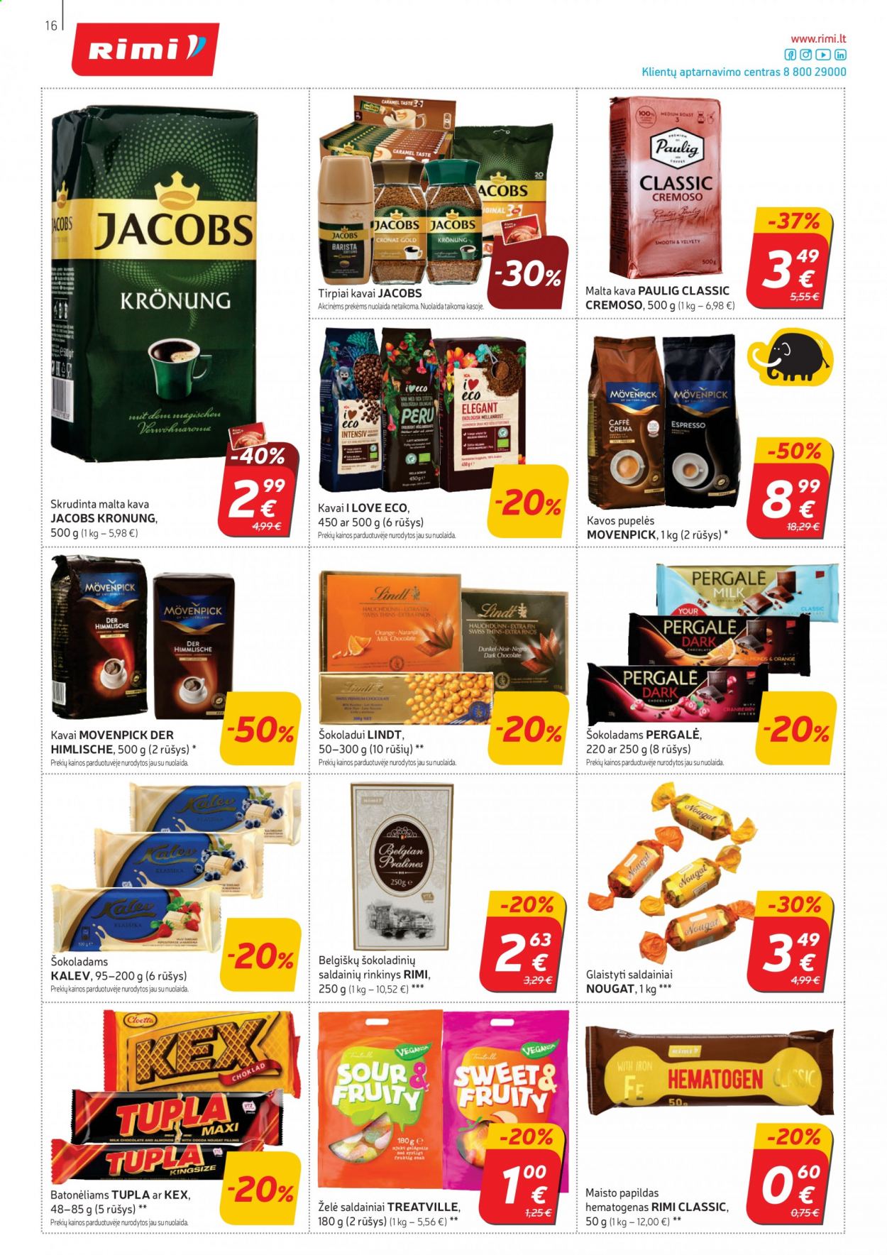 thumbnail - „Rimi“ leidinys - 2021 01 12 - 2021 01 18 - Išpardavimų produktai - Mövenpick, saldainiai, I Love Eco, Jacobs, malta kava, Jacobs Krönung, kava, kavos pupelės. 16 puslapis.