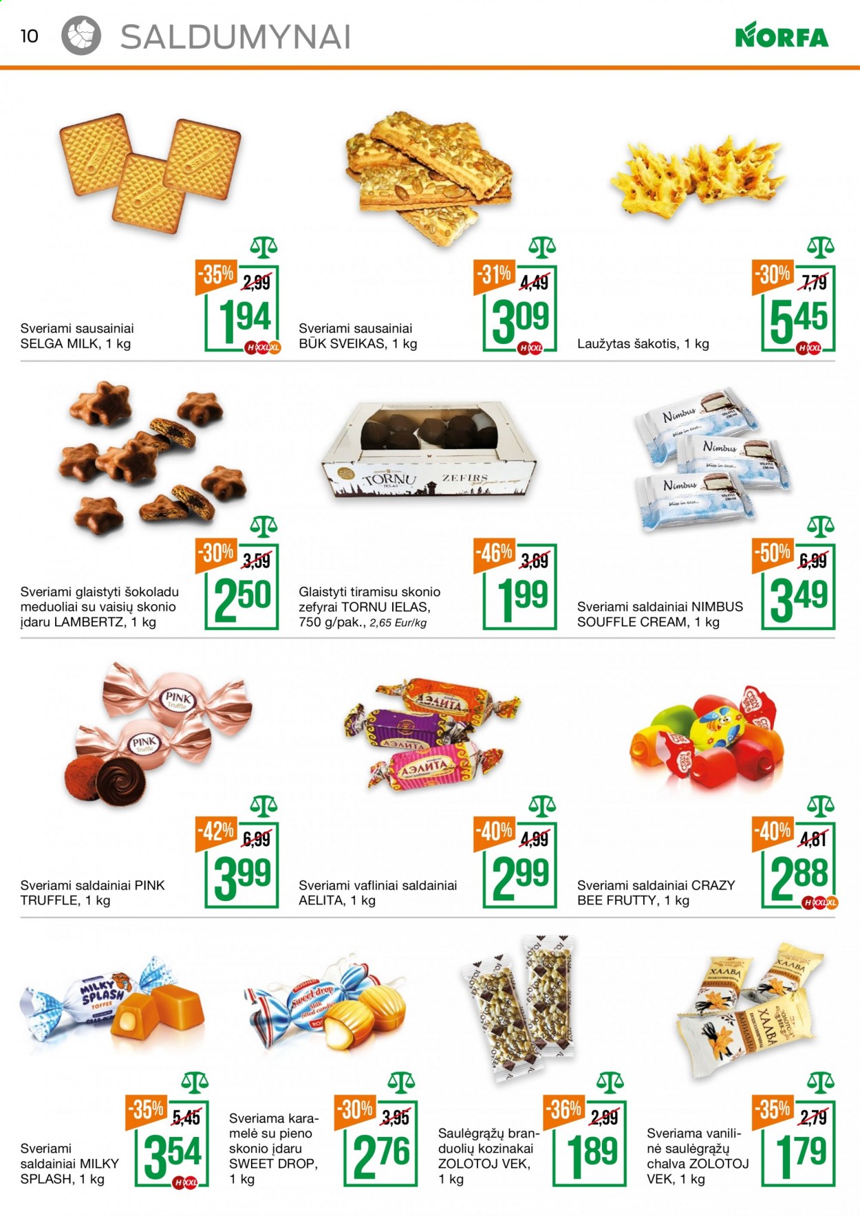 thumbnail - „NORFA“ leidinys - 2021 01 14 - 2021 01 27 - Išpardavimų produktai - saulėgrąžų chalva, saldainiai, sausainiai. 10 puslapis.