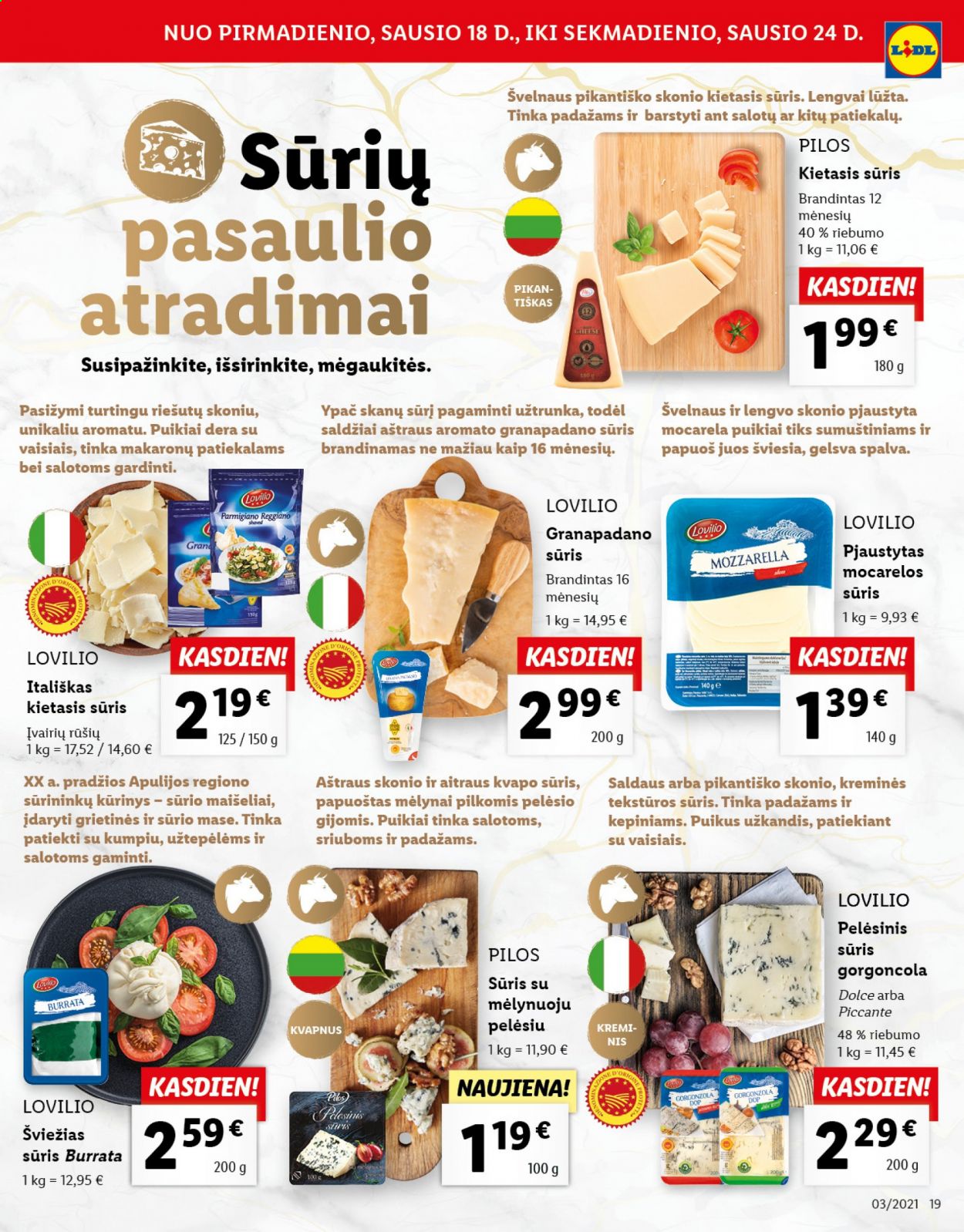 thumbnail - „Lidl“ leidinys - 2021 01 18 - 2021 01 24 - Išpardavimų produktai - gorgonzola, mozzarella, sūris, burrata, padažams. 19 puslapis.
