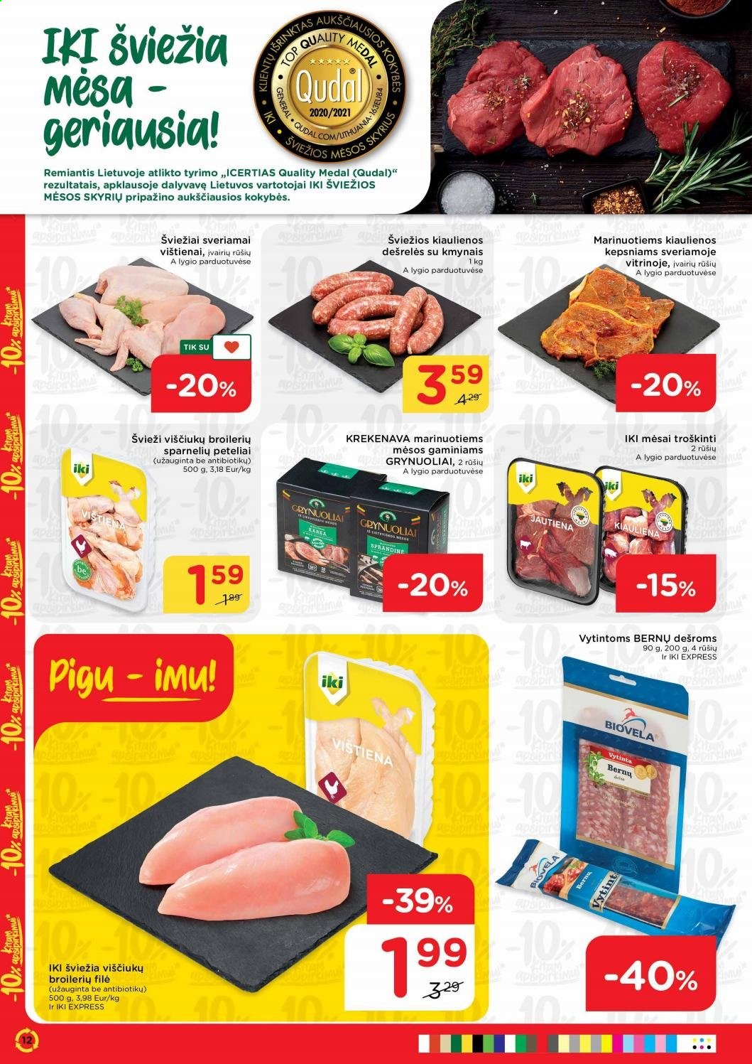 thumbnail - „iki“ leidinys - 2021 01 18 - 2021 01 24 - Išpardavimų produktai - viščiukų filė, dešrelės. 12 puslapis.