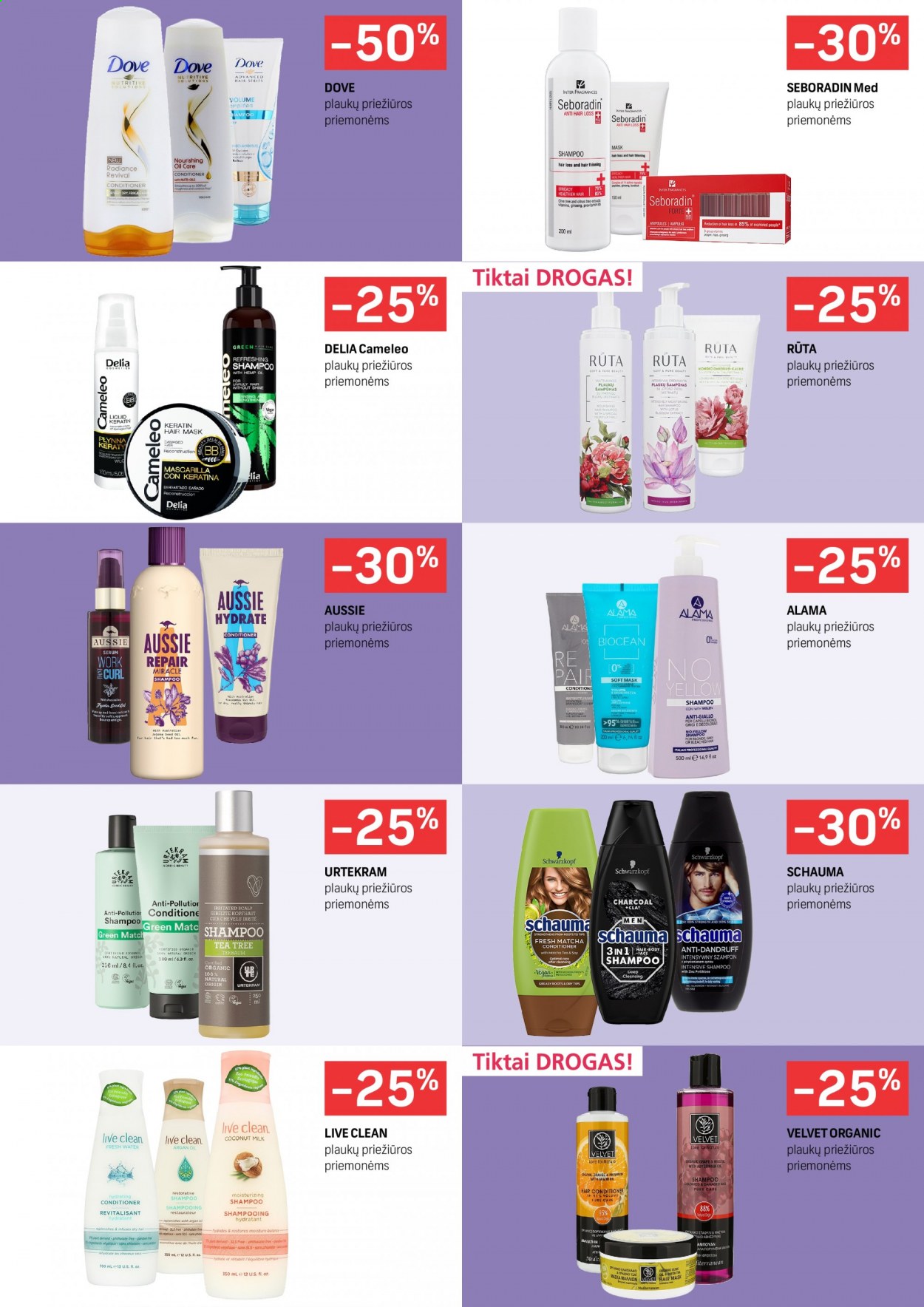 thumbnail - „Drogas“ leidinys - 2021 01 25 - 2021 02 14 - Išpardavimų produktai - Dove, shampoo, Schwarzkopf, Urtekram, Aussie, plaukų priežiūros priemonėms, Matcha. 11 puslapis.