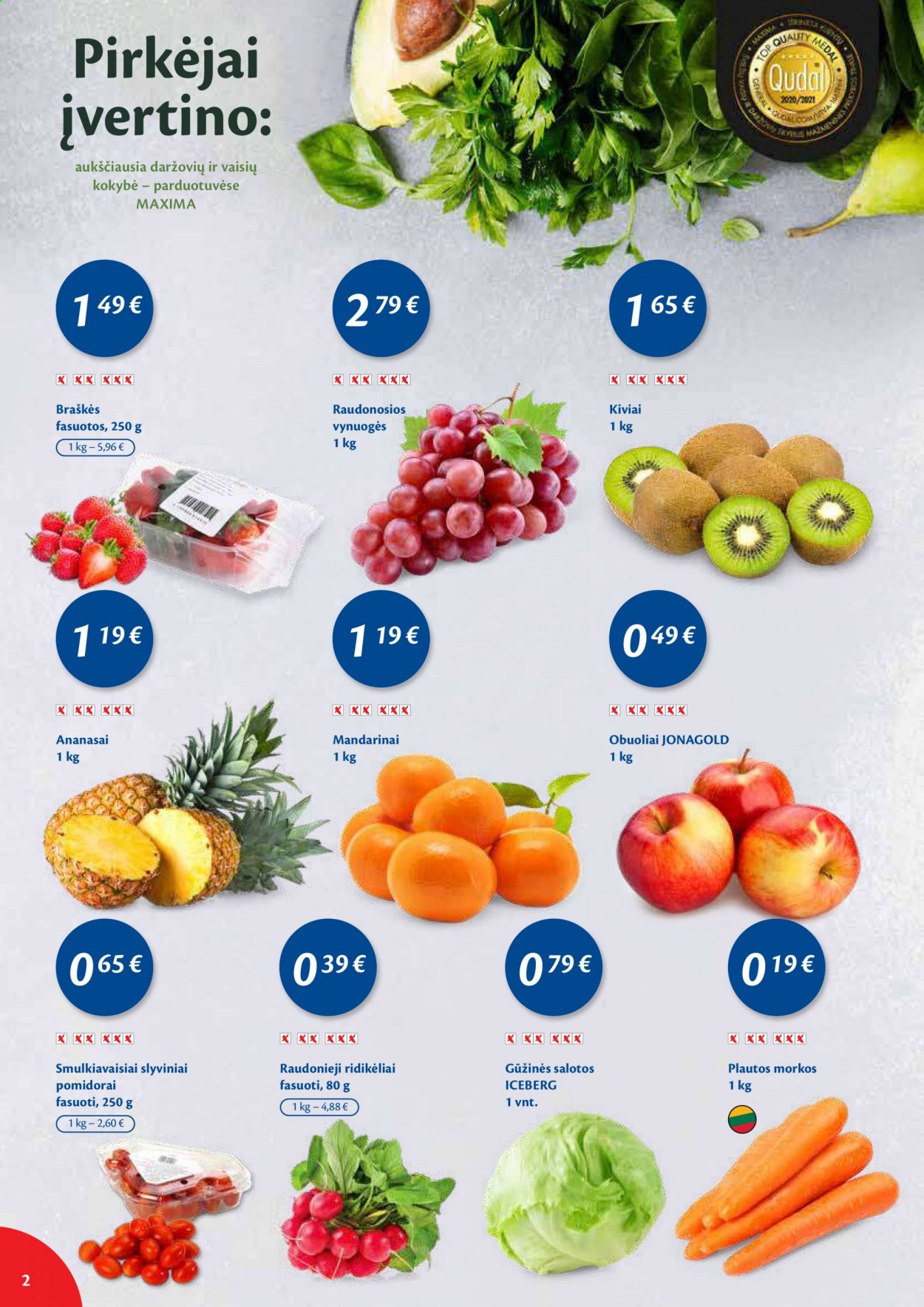thumbnail - „Maxima“ leidinys - 2021 02 02 - 2021 02 08 - Išpardavimų produktai - morkos, pomidorai, ridikėliai, salotos, slyviniai pomidorai, smulkiavaisiai slyviniai pomidorai, ananasai, braškės, obuolys, vynuogės, mandarinai. 2 puslapis.