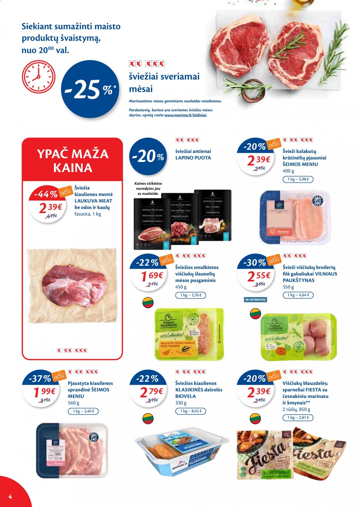 thumbnail - „Maxima“ leidinys - 2021 02 02 - 2021 02 08 - Išpardavimų produktai - viščiukų filė, kiaulienos sprandinė, dešrelės. 4 puslapis.