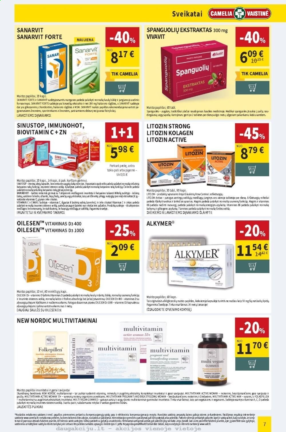 thumbnail - „CAMELIA Vaistinė“ leidinys - 2021 02 01 - 2021 02 28 - Išpardavimų produktai - New Nordic, Alkymer, LitoZin, Magnis, maisto papildai, Zn, vitamin c, vitamin d3. 7 puslapis.