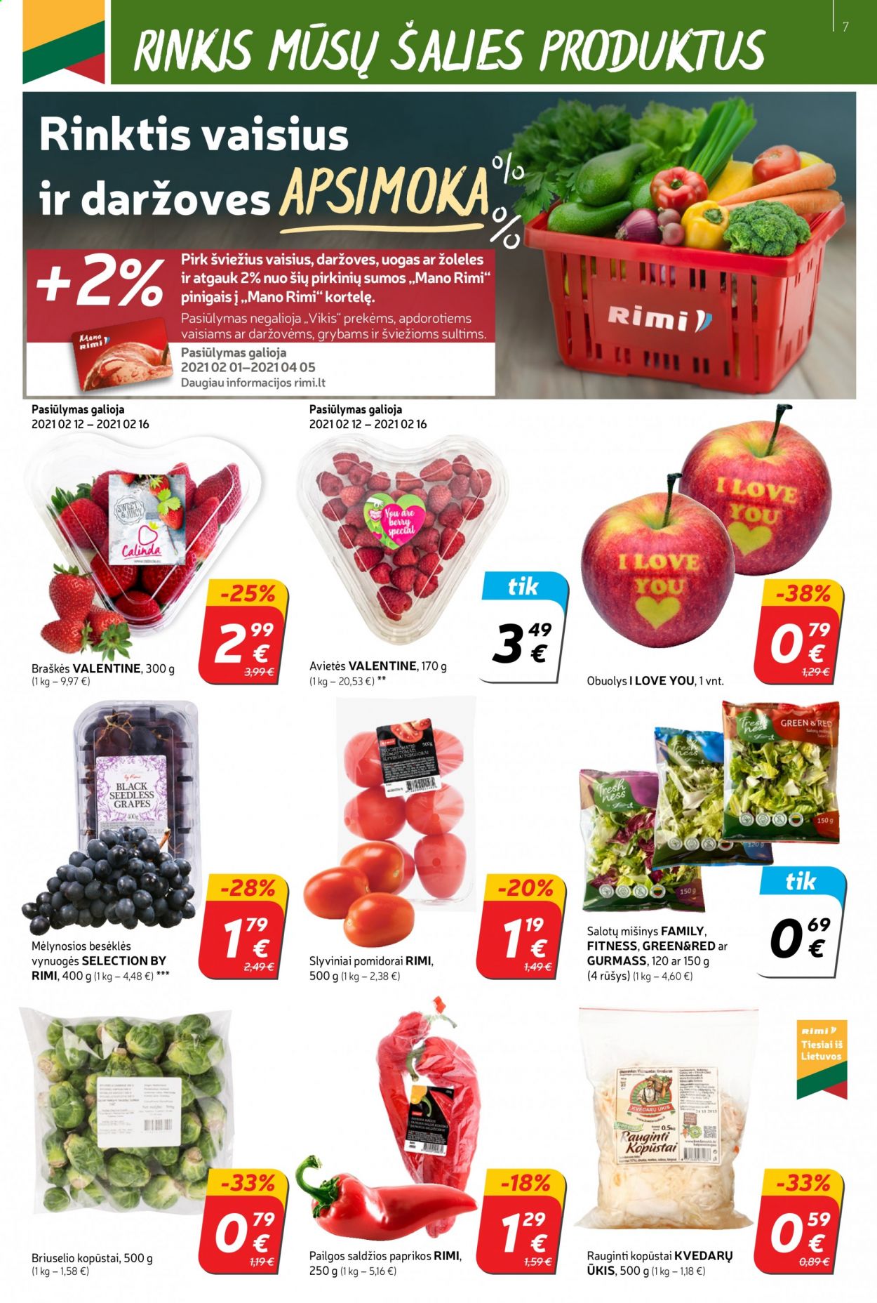 thumbnail - „Rimi“ leidinys - 2021 02 09 - 2021 02 16 - Išpardavimų produktai - briuselio kopūstai, kopūstai, paprikos, pomidorai, slyviniai pomidorai, avietės, braškės, obuolys, vynuogės. 7 puslapis.