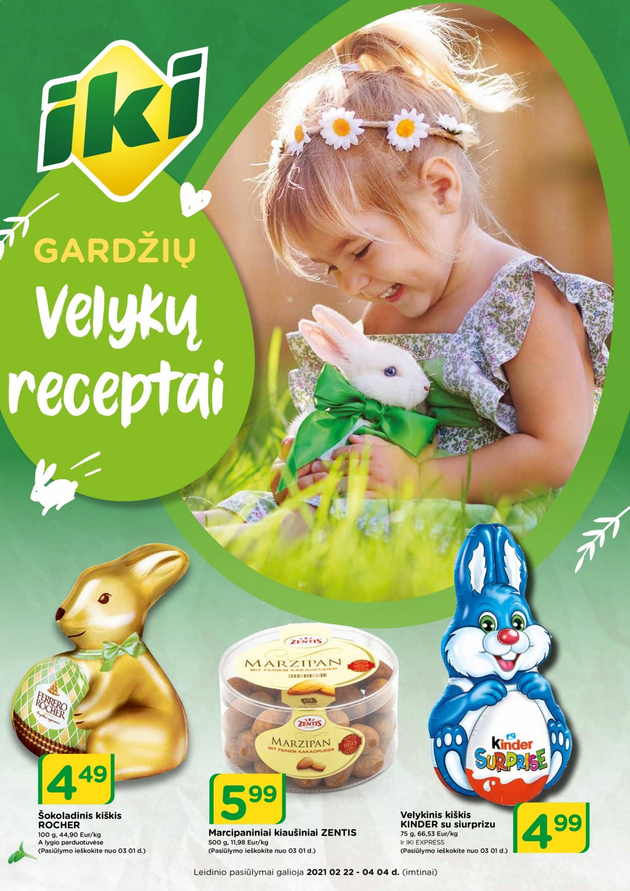 thumbnail - „iki“ leidinys - 2021 02 22 - 2021 04 04 - Išpardavimų produktai - kiaušiniai, Ferrero Rocher. 1 puslapis.