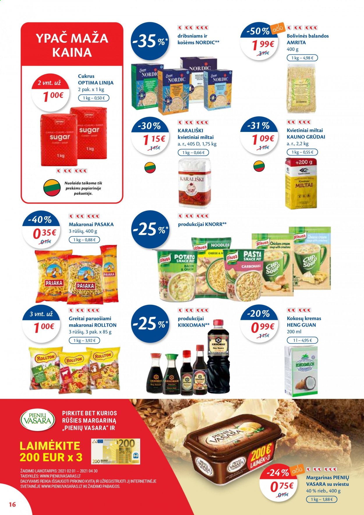thumbnail - „Maxima“ leidinys - 2021 02 23 - 2021 03 01 - Išpardavimų produktai - kvietiniai miltai, Knorr, margarinas, cukrus, kremas. 16 puslapis.