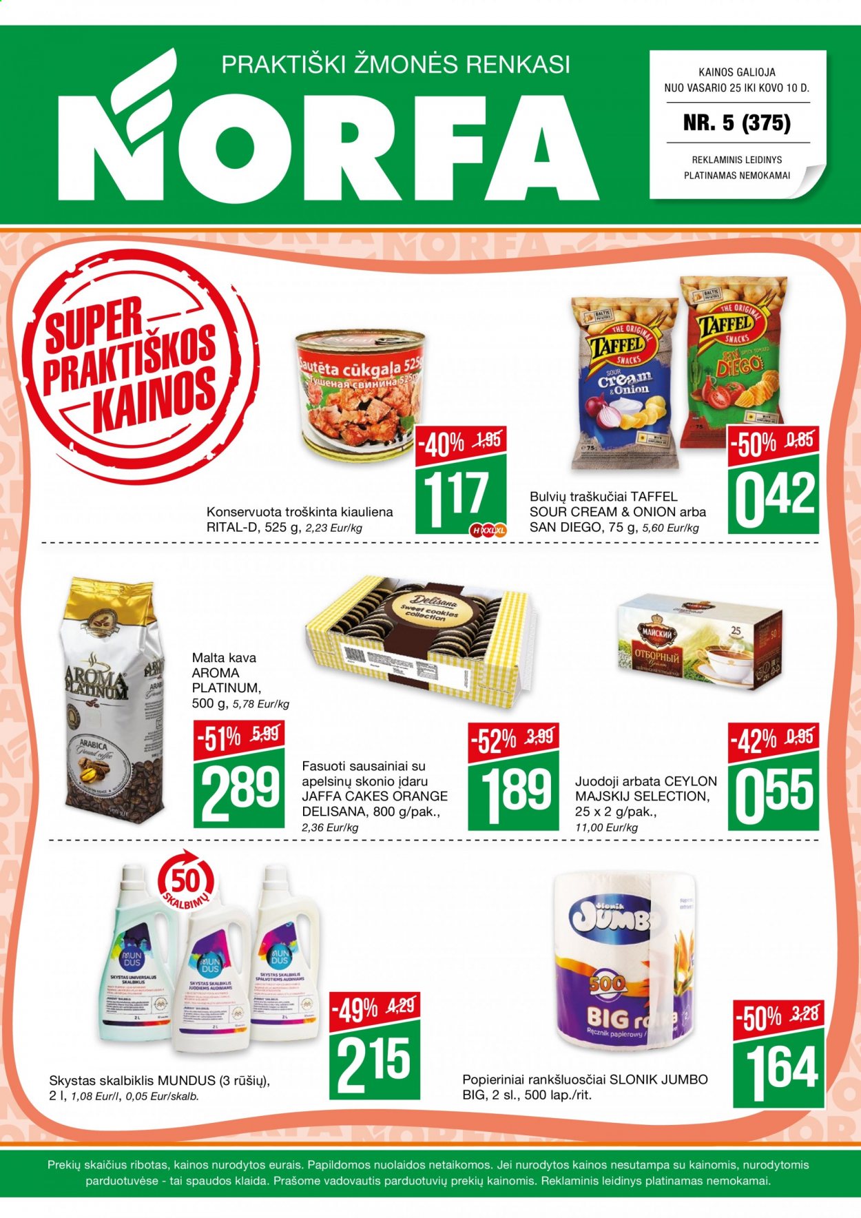 thumbnail - „NORFA“ leidinys - 2021 02 25 - 2021 03 10 - Išpardavimų produktai - sausainiai, bulvių traškučiai, traškučiai, arbata, malta kava, popieriniai rankšluosčiai, kava. 1 puslapis.