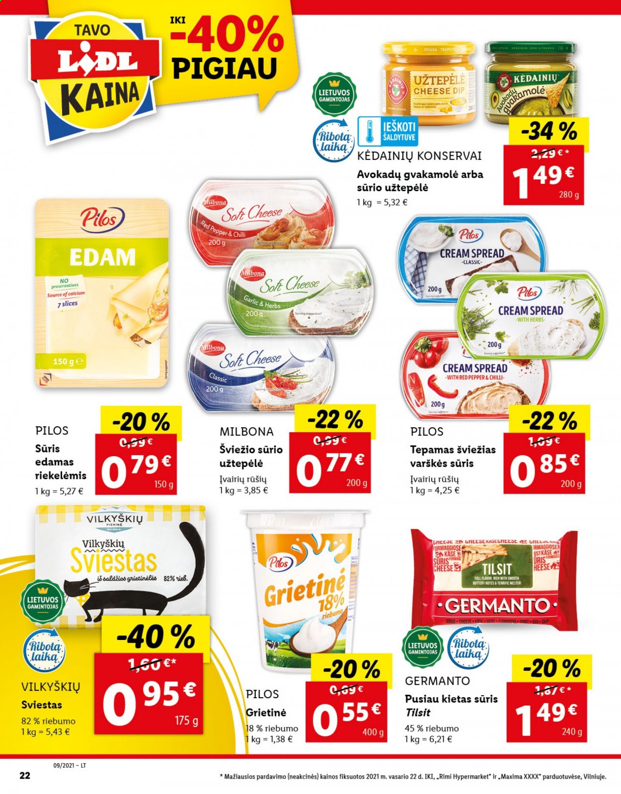 thumbnail - „Lidl“ leidinys - 2021 03 01 - 2021 03 07 - Išpardavimų produktai - sūris, Milbona, sviestas, grietinė, Calcium. 22 puslapis.