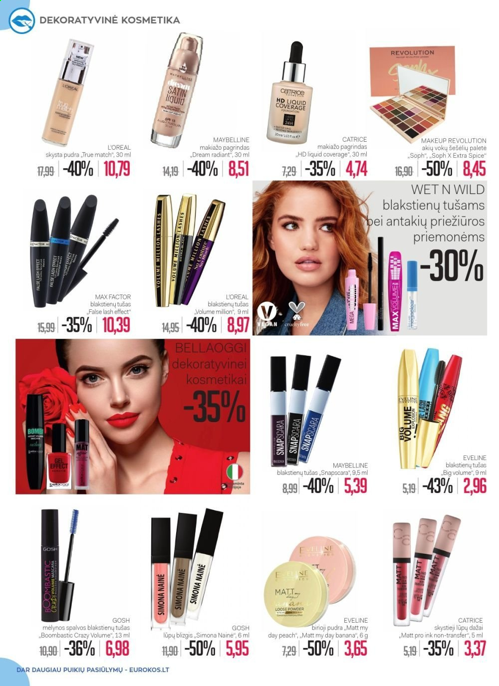 thumbnail - „Eurokos“ leidinys - 2021 03 02 - 2021 03 29 - Išpardavimų produktai - L'Oréal, blakstienų tušas, lūpų blizgis, lūpų dažai, Makeup Revolution, makiažo pagrindas, Max Factor, Maybelline, Snapscara. 2 puslapis.