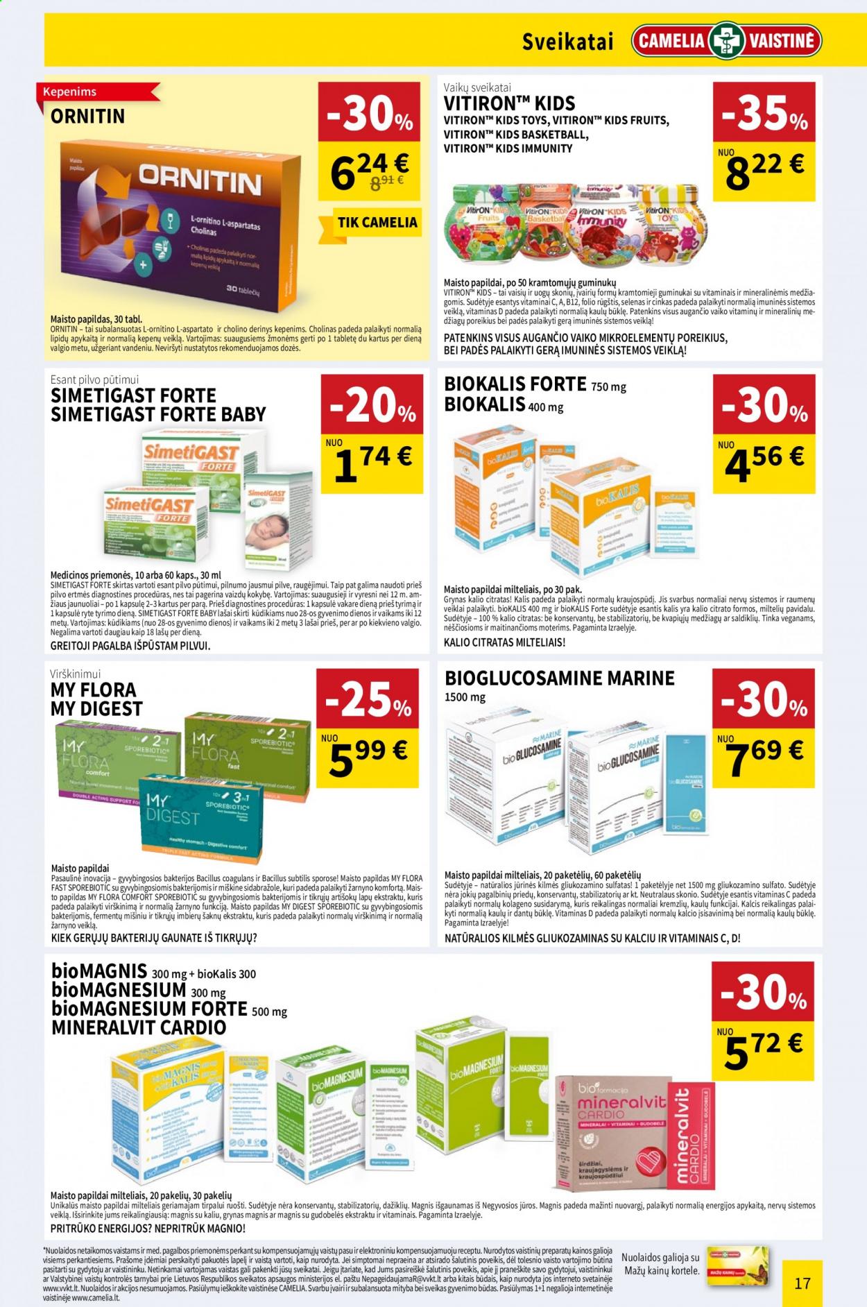 thumbnail - „CAMELIA Vaistinė“ leidinys - 2021 03 01 - 2021 03 31 - Išpardavimų produktai - B12, BioMagnis, Digest, Glucosamin, Magnesium, Magnis, maisto papildai, Vitiron. 17 puslapis.