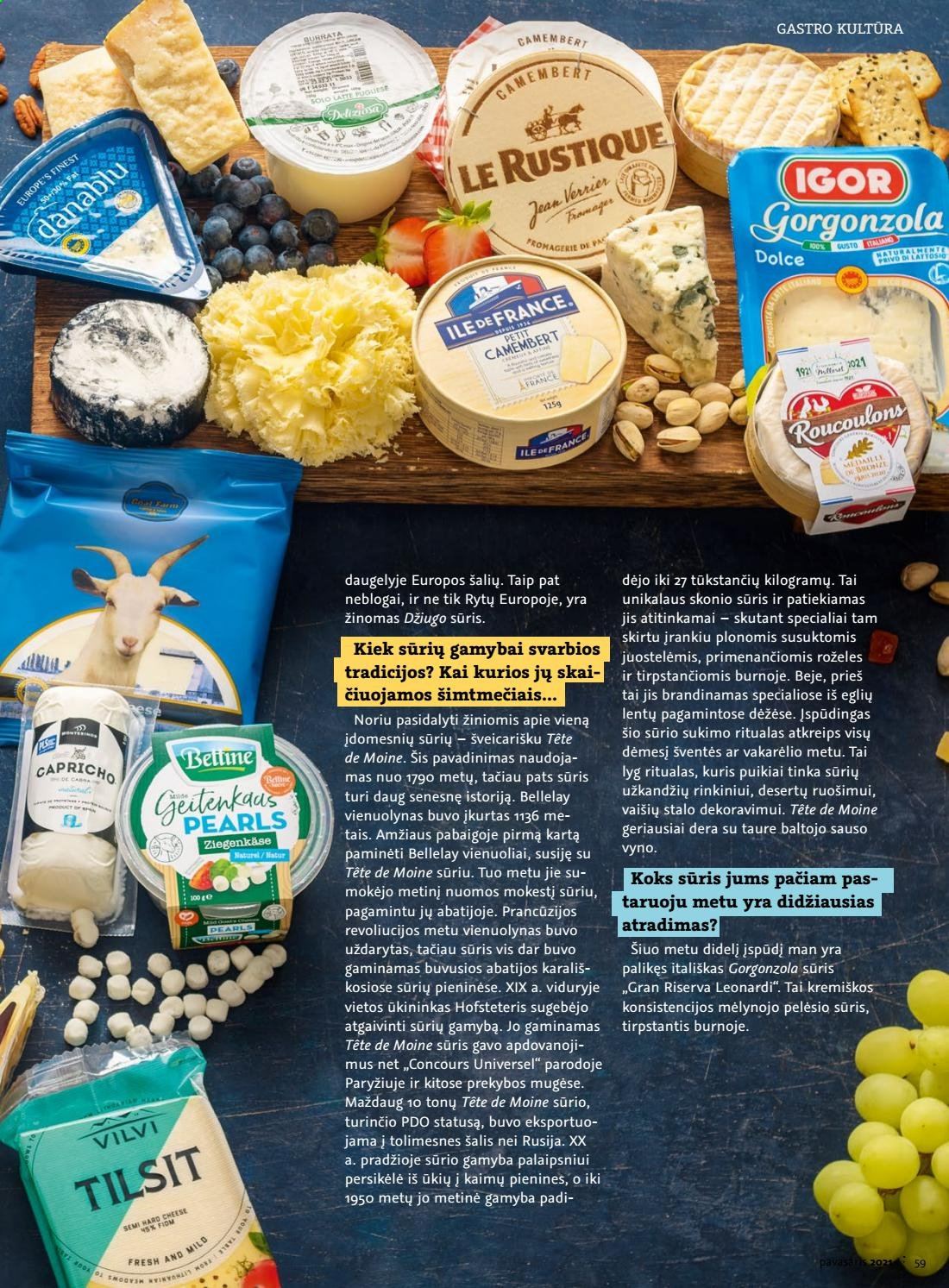 thumbnail - „Rimi“ leidinys - Išpardavimų produktai - camembert, gorgonzola, sūris, taurės. 59 puslapis.