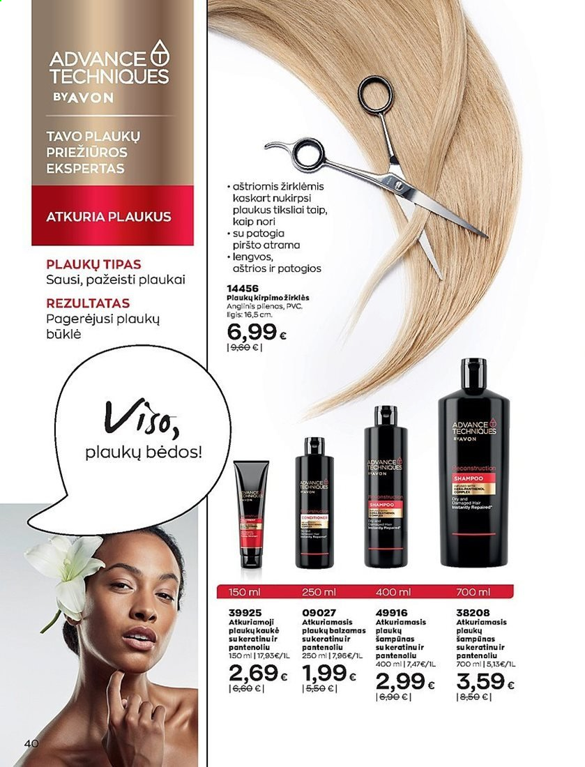 thumbnail - „Avon“ leidinys - 2021 04 01 - 2021 04 30 - Išpardavimų produktai - Avon, plaukų šampūnas, shampoo, šampūnas, plaukų balzamas. 40 puslapis.