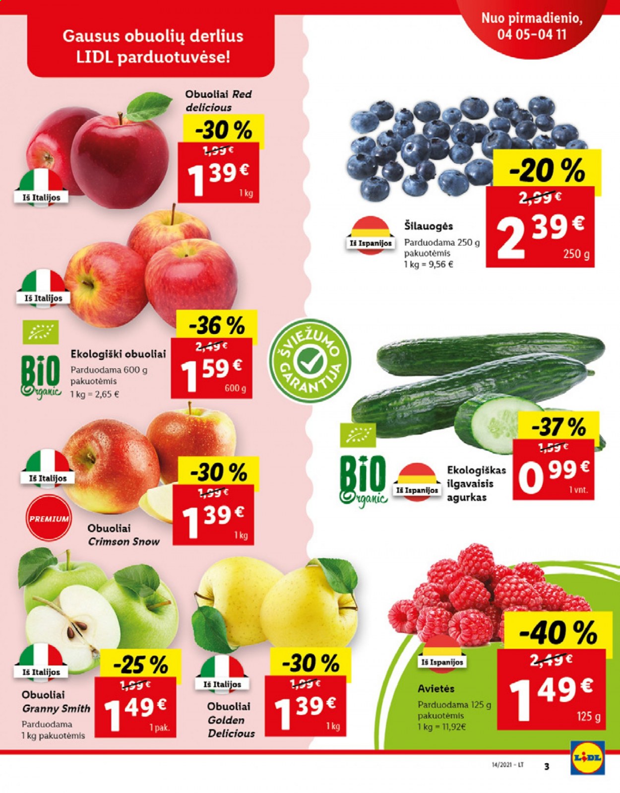 thumbnail - „Lidl“ leidinys - 2021 04 05 - 2021 04 11 - Išpardavimų produktai - agurkas, avietės, obuolys, šilauogės. 3 puslapis.