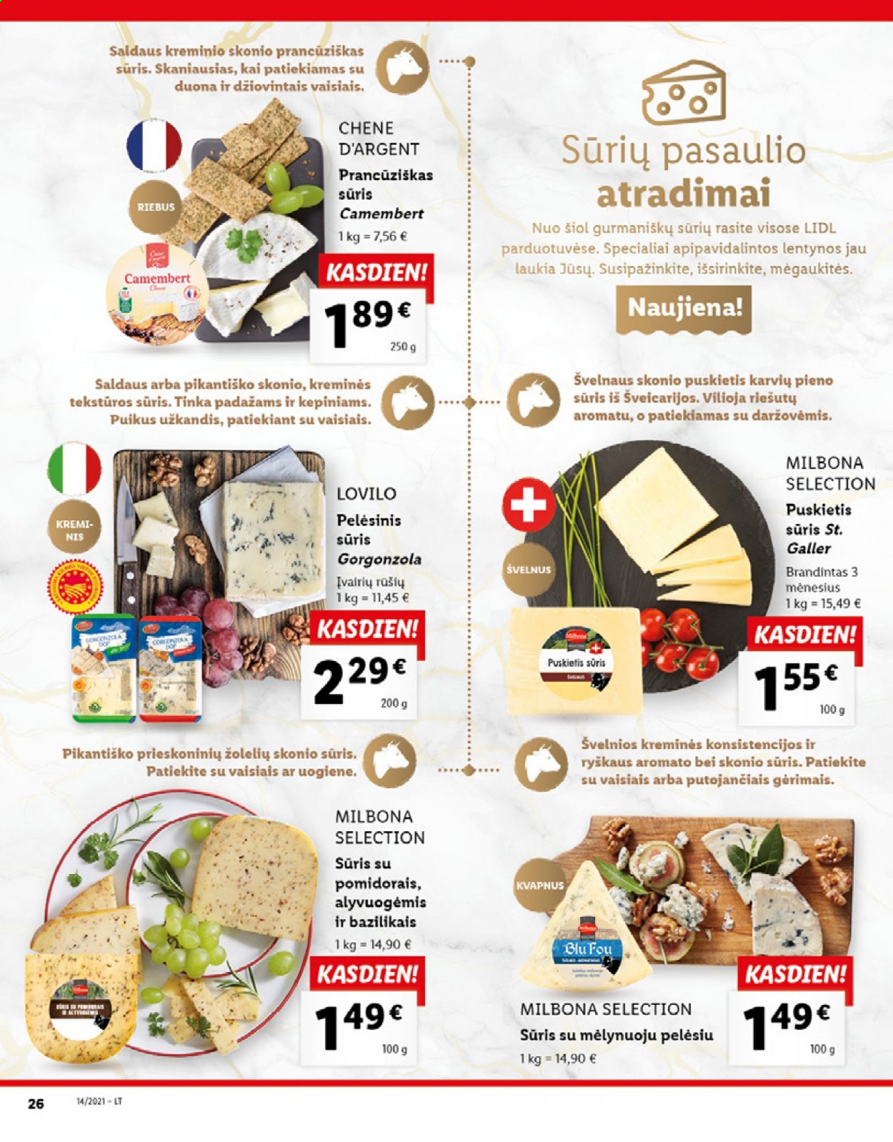 thumbnail - „Lidl“ leidinys - 2021 04 05 - 2021 04 11 - Išpardavimų produktai - duona, camembert, gorgonzola, sūris, Milbona, padažams, lentyna. 26 puslapis.
