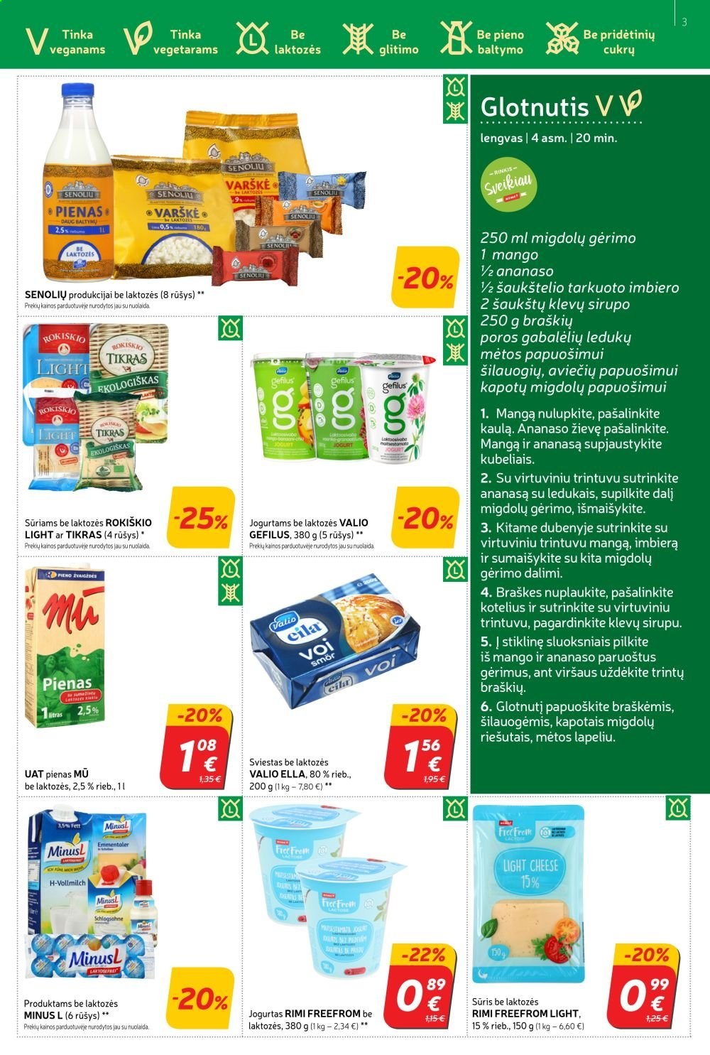 thumbnail - „Rimi“ leidinys - 2021 04 06 - 2021 04 12 - Išpardavimų produktai - braškės, mango, sūris, jogurtas, pienas, sviestas, stiklinės. 3 puslapis.