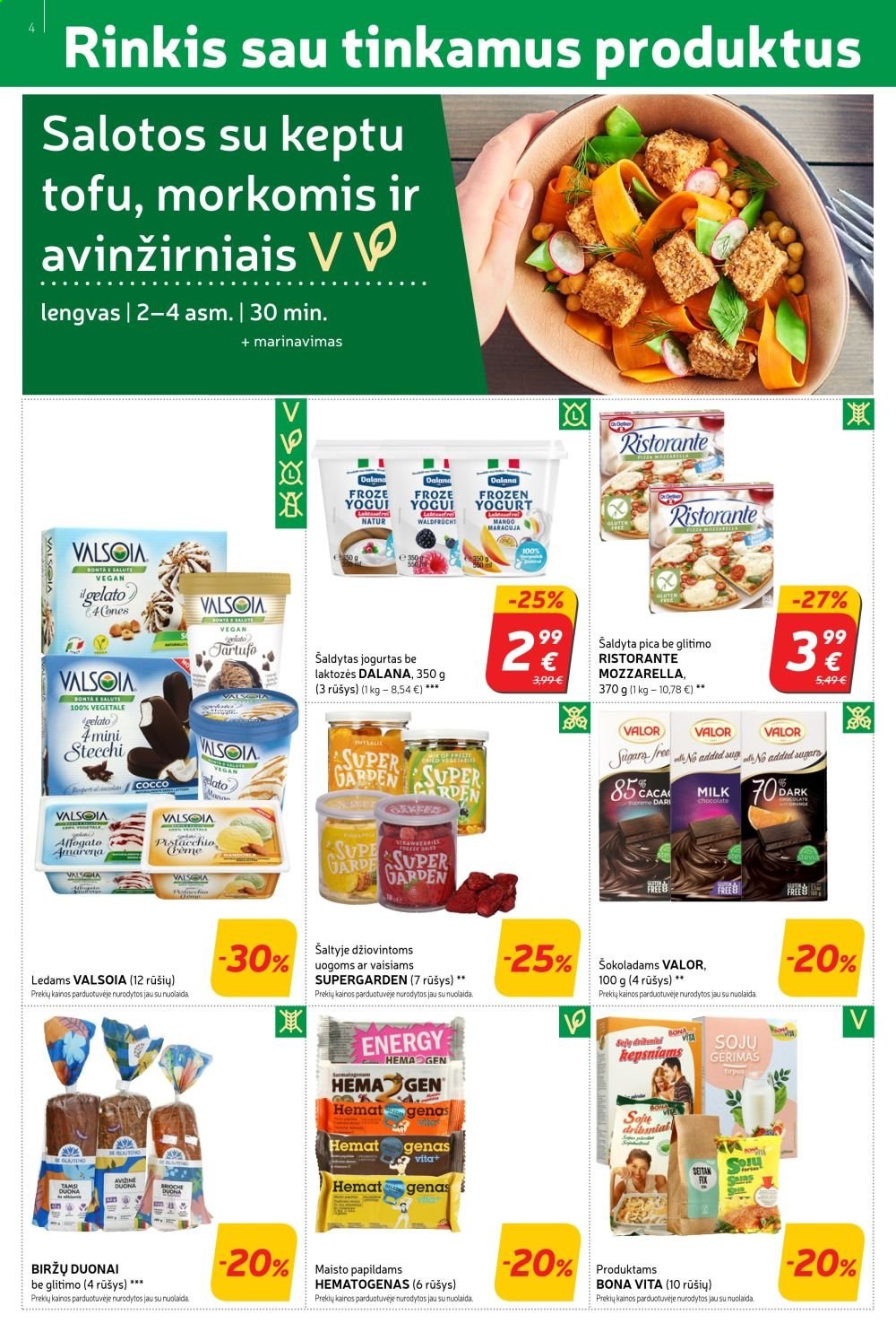 thumbnail - „Rimi“ leidinys - 2021 04 06 - 2021 04 12 - Išpardavimų produktai - duona, salotos, mozzarella, tofu, jogurtas, gelato, ledai. 4 puslapis.