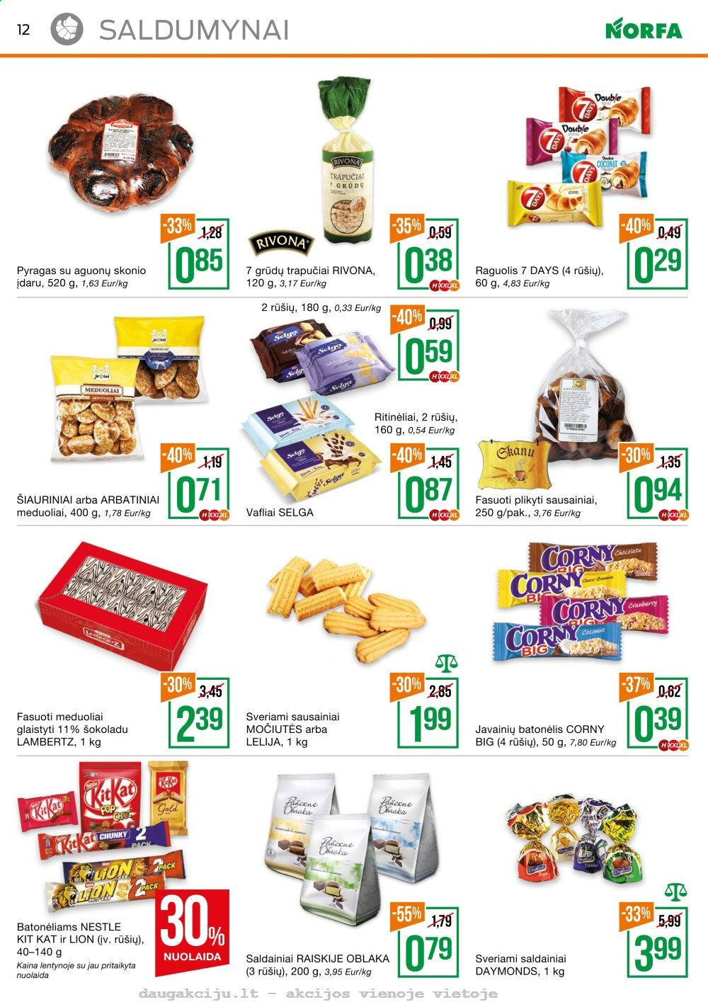 thumbnail - „NORFA“ leidinys - 2021 04 08 - 2021 04 21 - Išpardavimų produktai - pyragas, vafliai, Nestlé, saldainiai, sausainiai, Corny, Corny Big, javainių batonėlis. 12 puslapis.