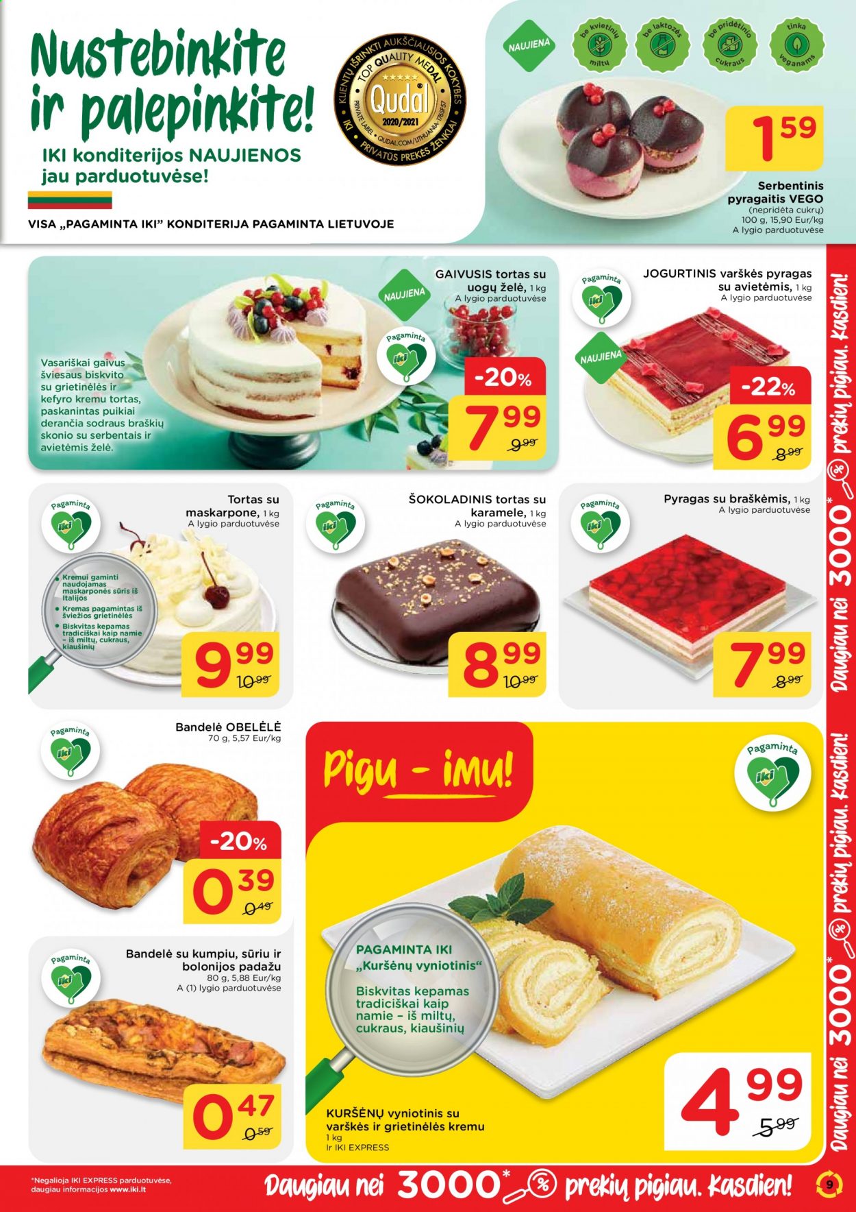 thumbnail - „iki“ leidinys - 2021 04 12 - 2021 04 18 - Išpardavimų produktai - bandelė, pyragas, tortas, sūris, kremas. 9 puslapis.