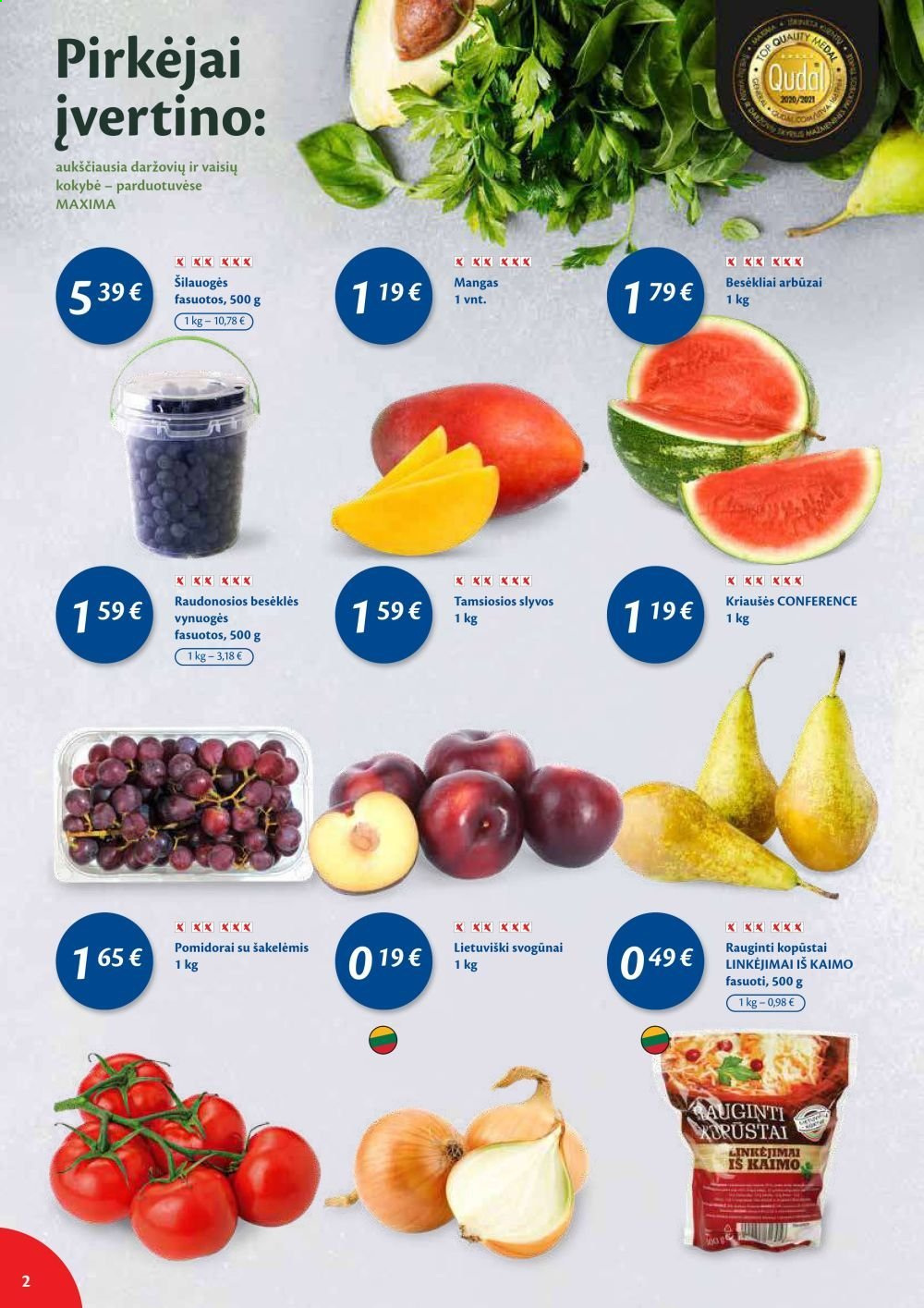 thumbnail - „Maxima“ leidinys - 2021 04 13 - 2021 04 19 - Išpardavimų produktai - arbūzas, kopūstai, pomidorai, svogūnai, kriaušės, slyva, šilauogės, vynuogės. 2 puslapis.