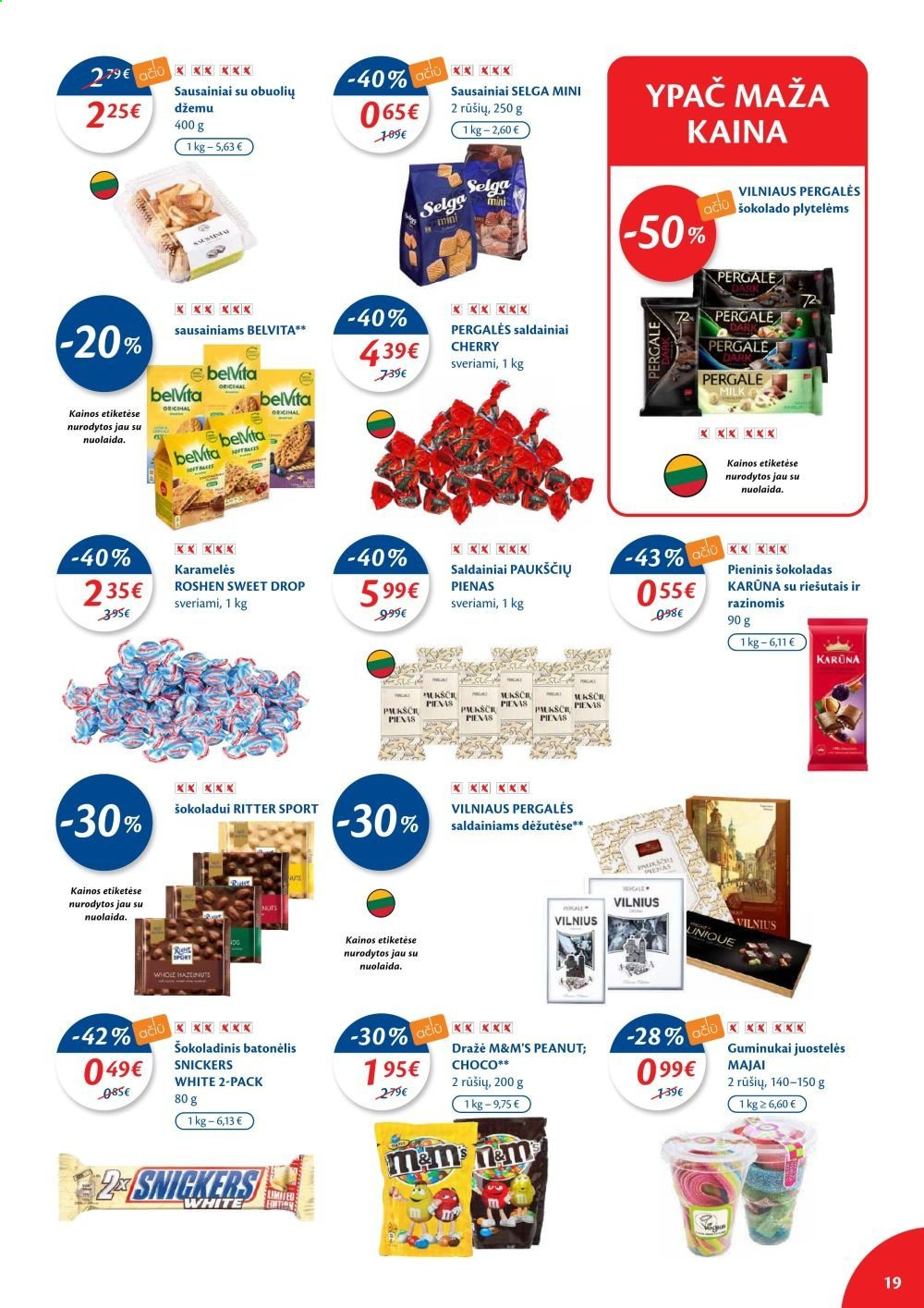 thumbnail - „Maxima“ leidinys - 2021 04 13 - 2021 04 19 - Išpardavimų produktai - pienas, M&M’s, saldainiai, sausainiai, Snickers, šokoladas, karamelės. 19 puslapis.