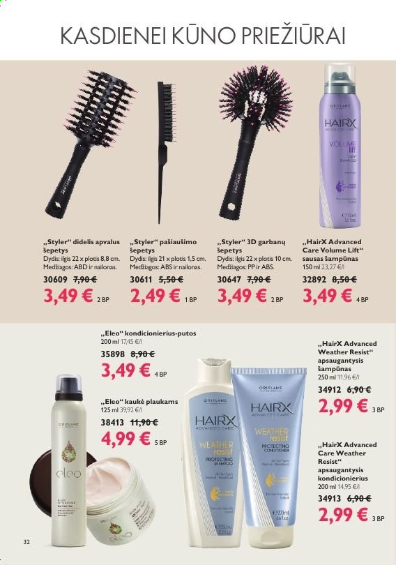 thumbnail - „Oriflame“ leidinys - 2021 04 08 - 2021 04 18 - Išpardavimų produktai - šampūnas, HairX, šepetys. 32 puslapis.