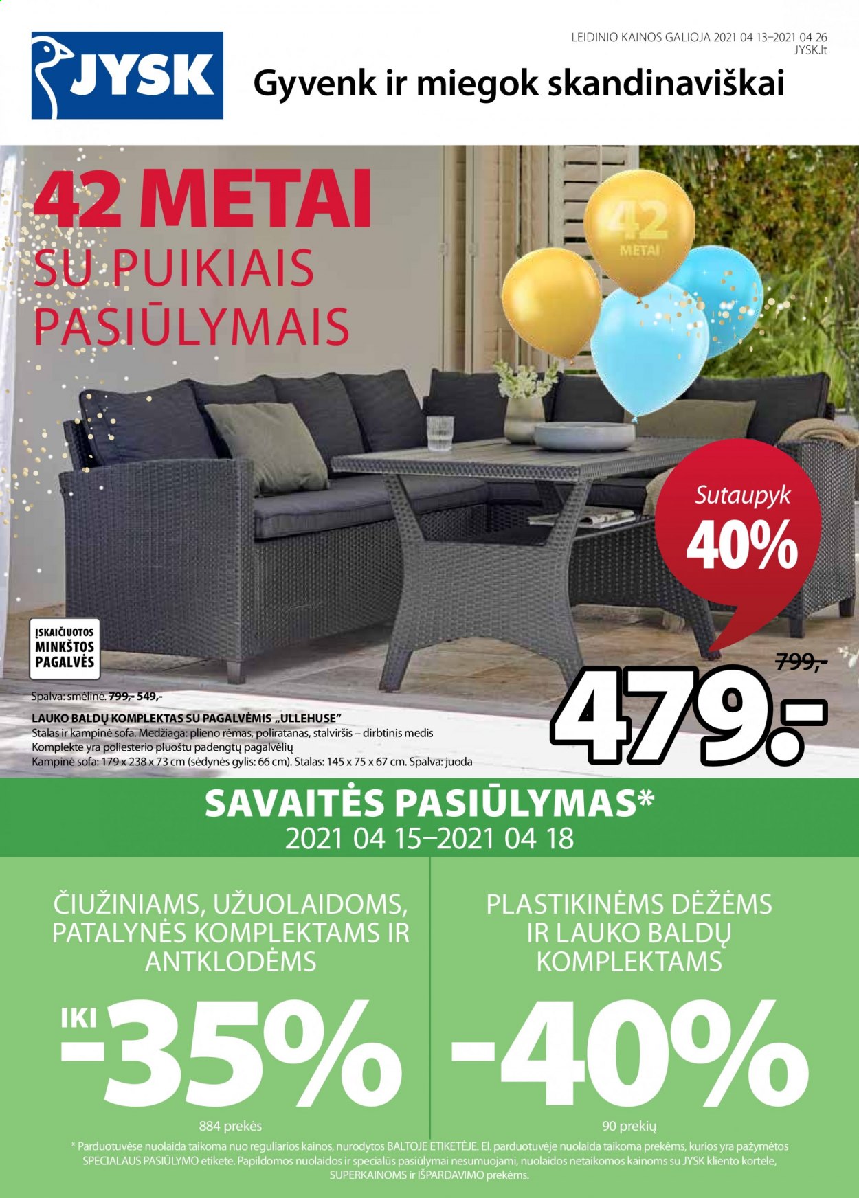 thumbnail - „JYSK“ leidinys - 2021 04 13 - 2021 04 26 - Išpardavimų produktai - sofa, patalynė, rėmas. 1 puslapis.