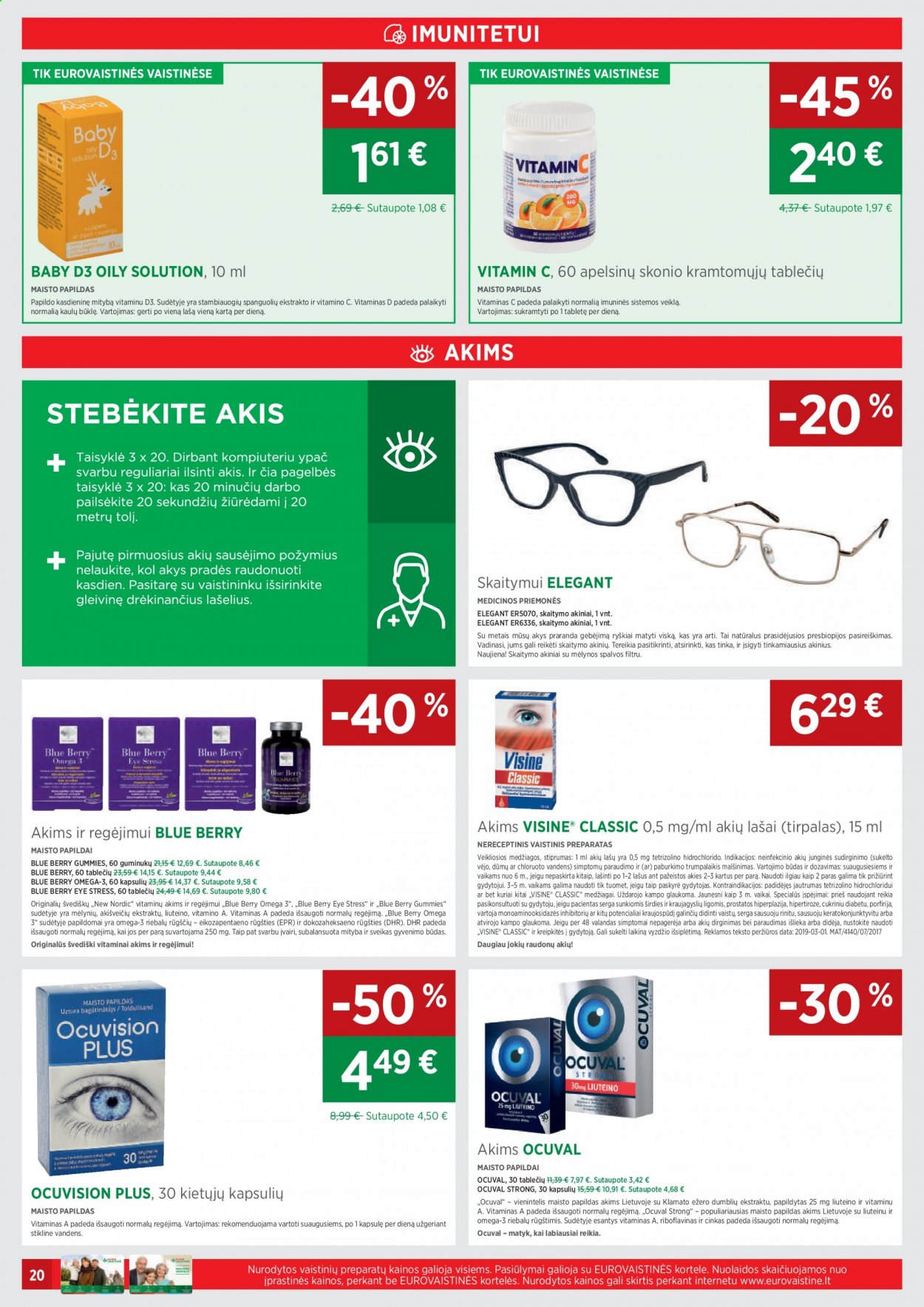 thumbnail - „EUROVAISTINĖ“ leidinys - 2021 04 01 - 2021 05 03 - Išpardavimų produktai - New Nordic, maisto papildai, Ocuvision plus, omega 3, vitamin c, Visine, Visine Classic, akiniai, skaitymo akiniai. 20 puslapis.