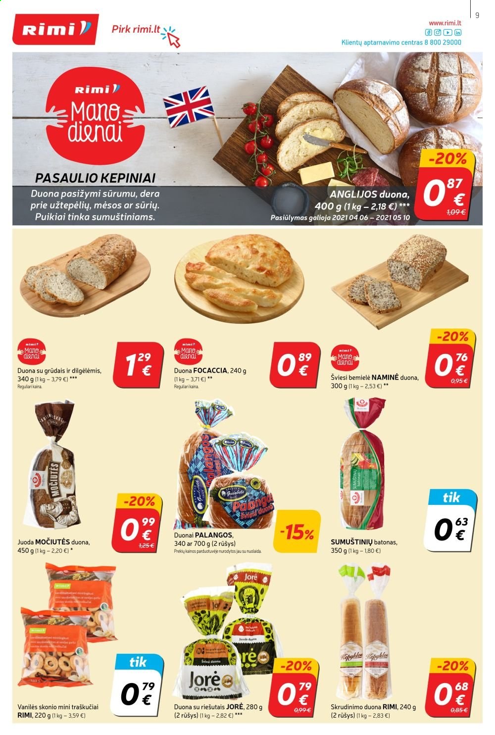 thumbnail - „Rimi“ leidinys - 2021 04 20 - 2021 04 26 - Išpardavimų produktai - batonas, duona, traškučiai. 9 puslapis.