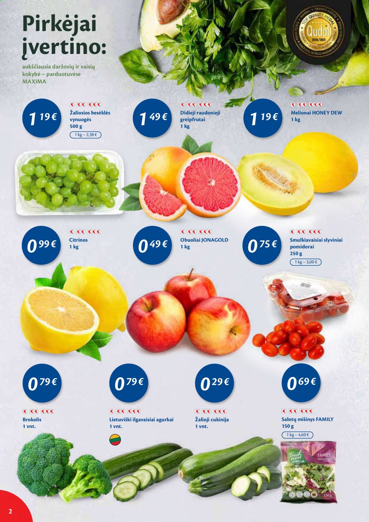 thumbnail - „Maxima“ leidinys - 2021 04 20 - 2021 04 26 - Išpardavimų produktai - cukinijos, pomidorai, greipfrutai, melionai, obuolys, vynuogės, citrinos. 2 puslapis.
