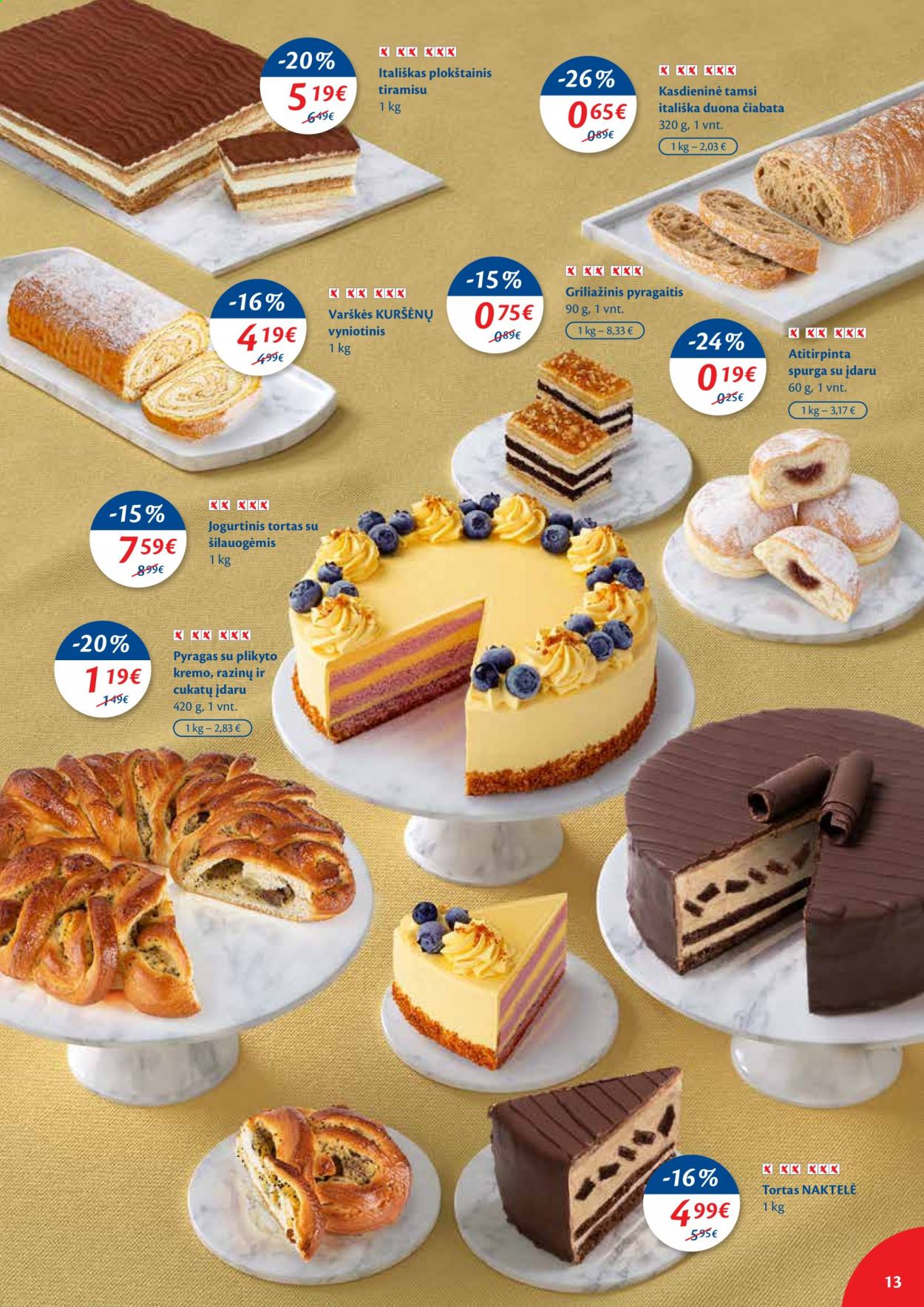 thumbnail - „Maxima“ leidinys - 2021 04 20 - 2021 04 26 - Išpardavimų produktai - duona, pyragas, spurga, spurga su įdaru, tortas. 13 puslapis.