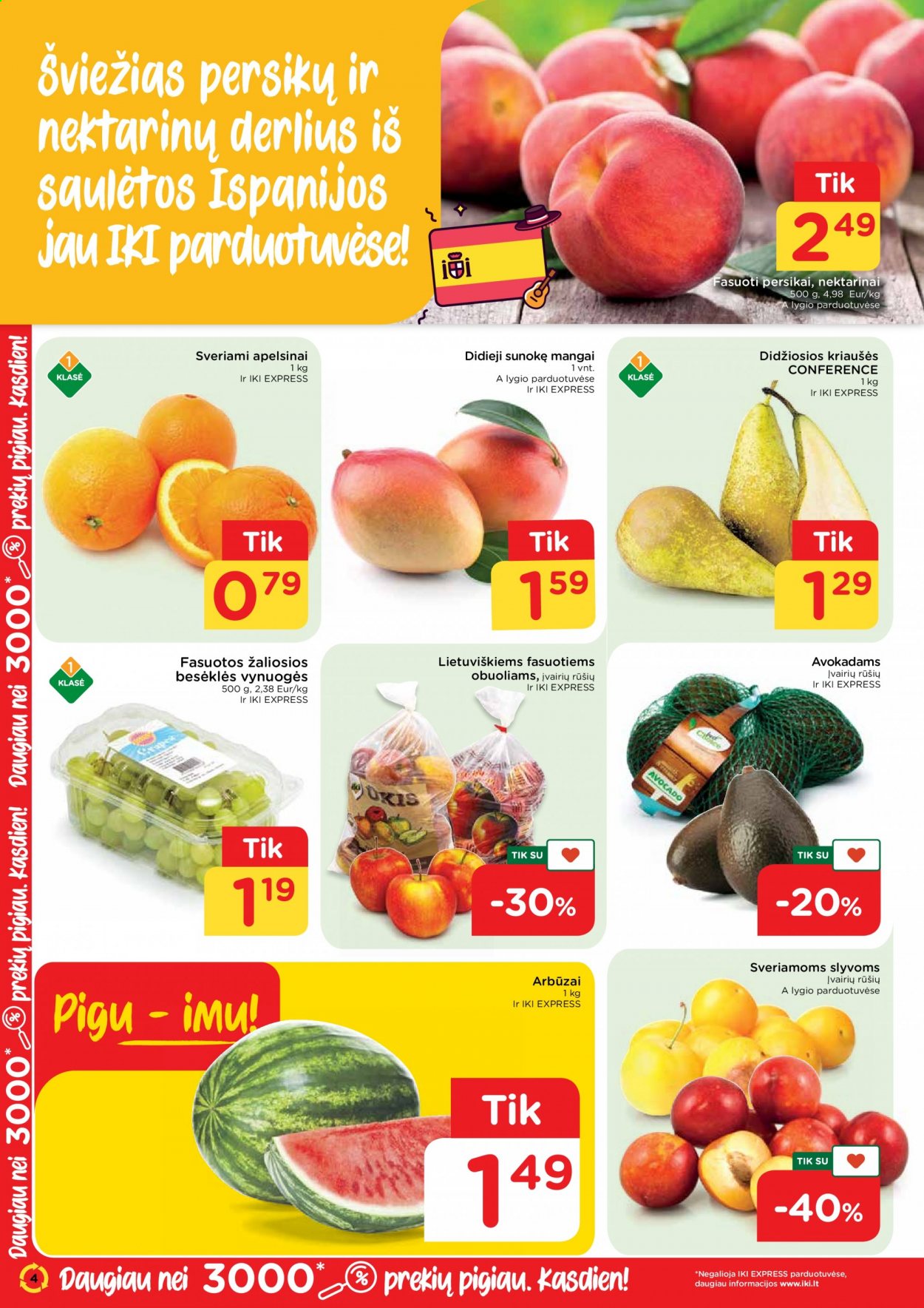 thumbnail - „iki“ leidinys - 2021 04 26 - 2021 05 02 - Išpardavimų produktai - arbūzas, kriaušės, persikai, vynuogės, nektarinai. 4 puslapis.