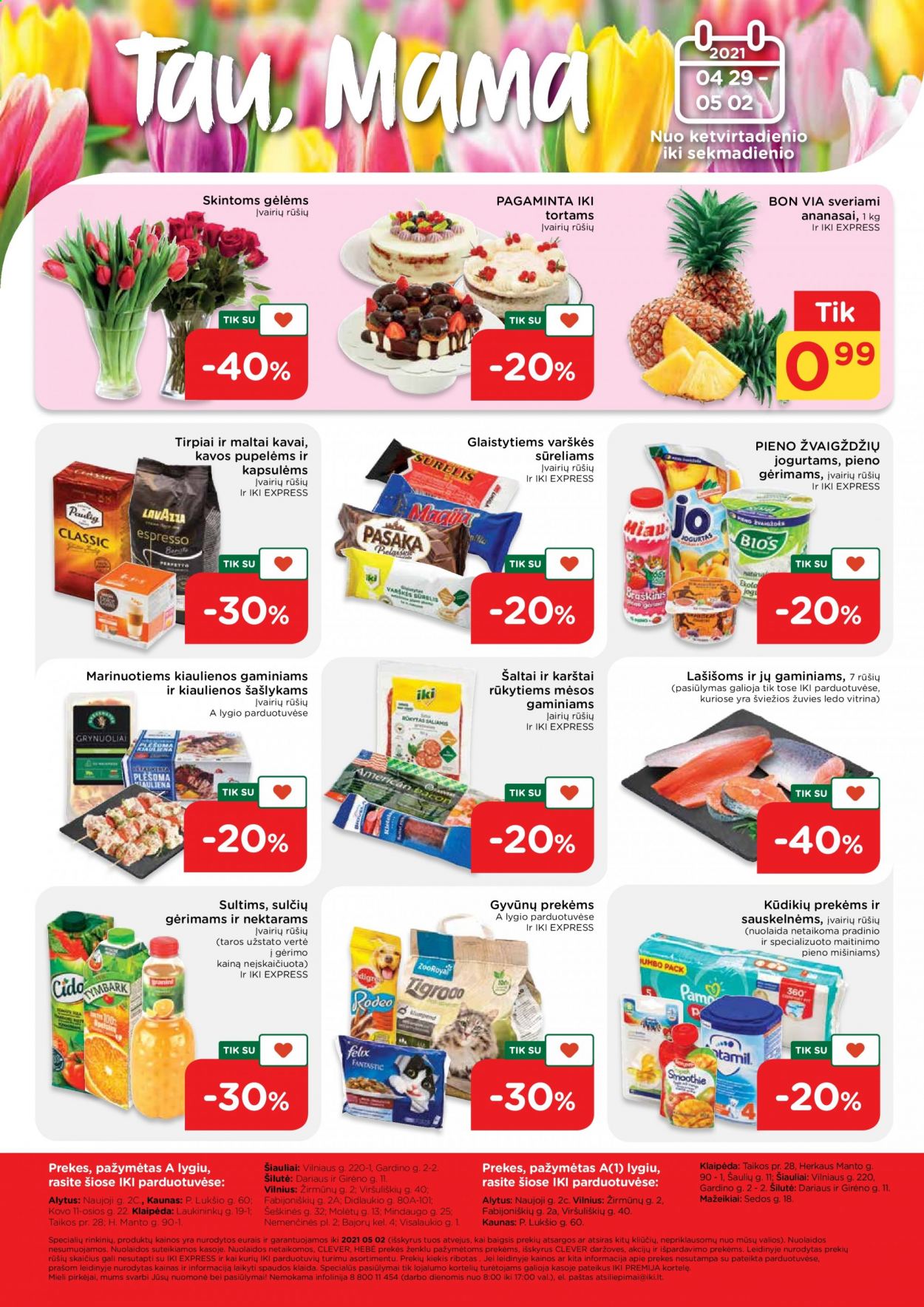 thumbnail - „iki“ leidinys - 2021 04 26 - 2021 05 02 - Išpardavimų produktai - ananasai, Bajorų. 28 puslapis.