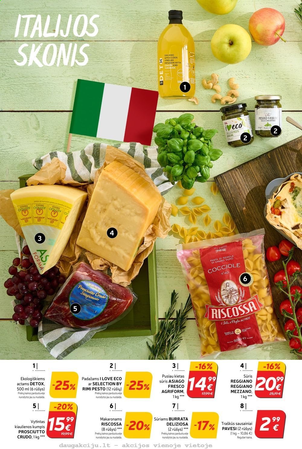thumbnail - „Rimi“ leidinys - 2021 04 27 - 2021 05 03 - Išpardavimų produktai - prosciutto, sūris, burrata, sausainiai, I Love Eco, makaronams, padažams, pesto, cider. 2 puslapis.