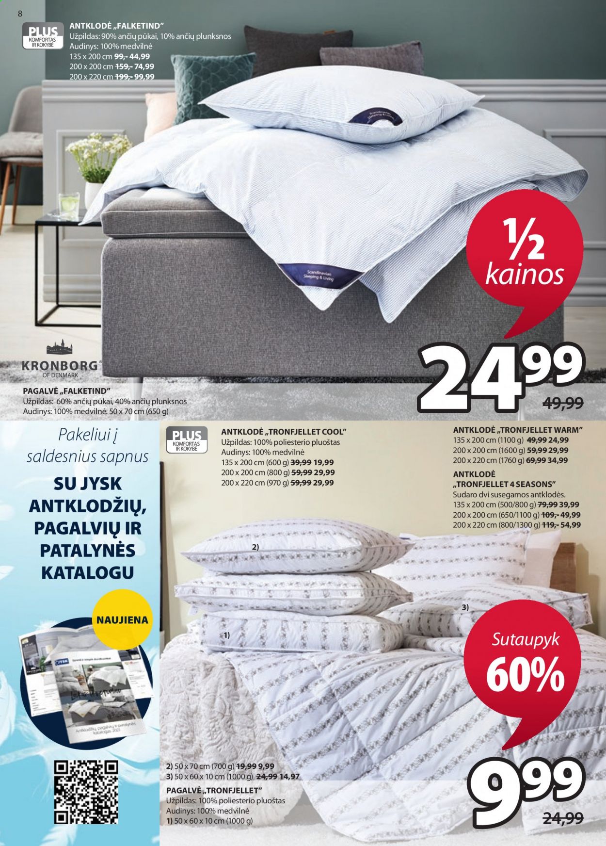 thumbnail - „JYSK“ leidinys - 2021 04 27 - 2021 05 10 - Išpardavimų produktai - antklodės, pagalvė, patalynė. 8 puslapis.
